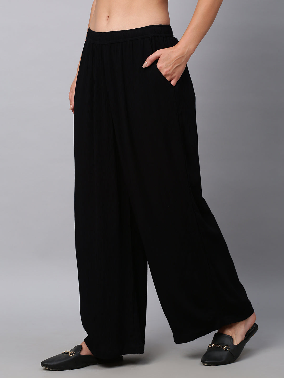 Crinkle Rayon Wide Leg Fluid Trousers