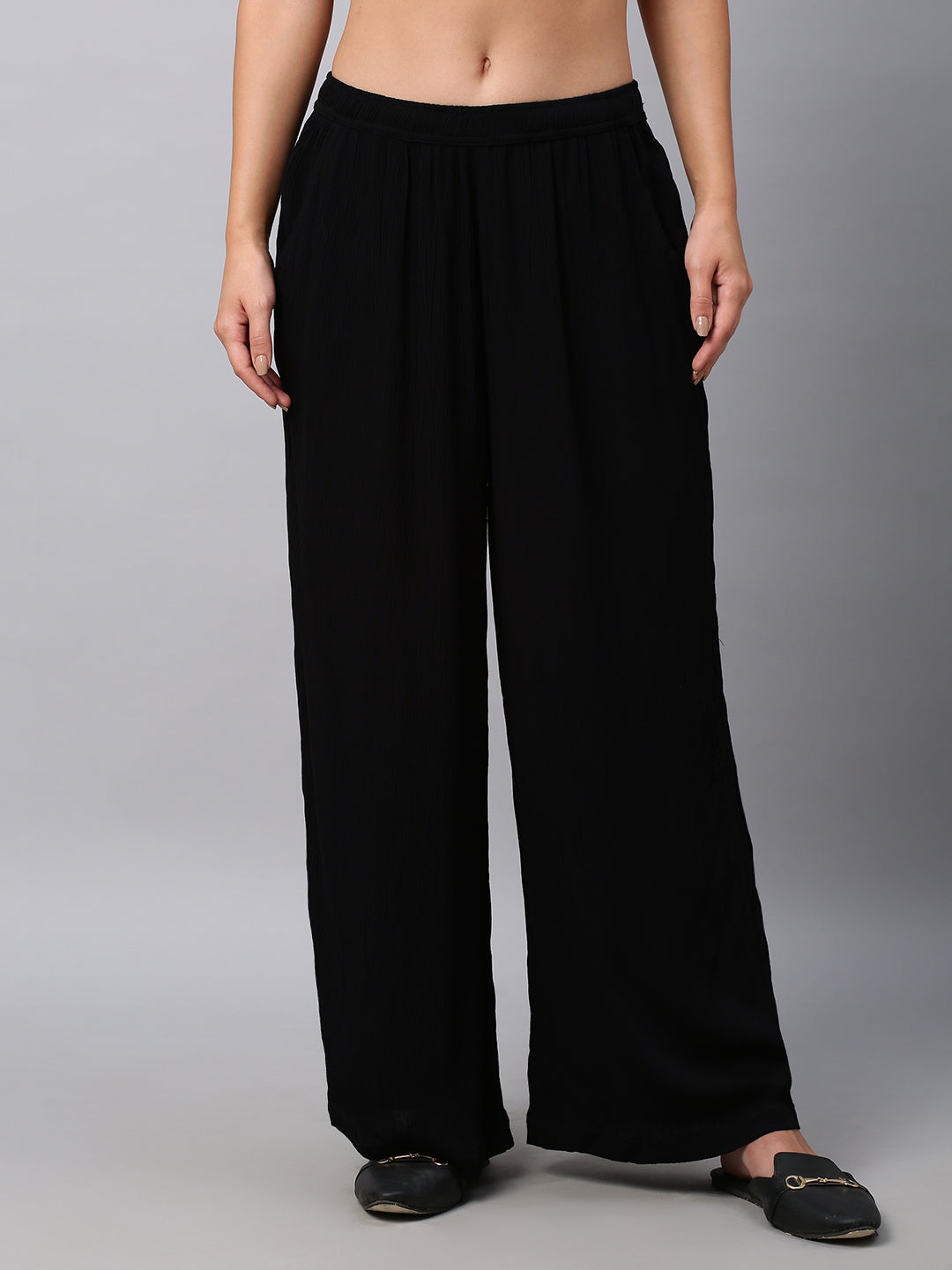 Crinkle Rayon Wide Leg Fluid Trousers