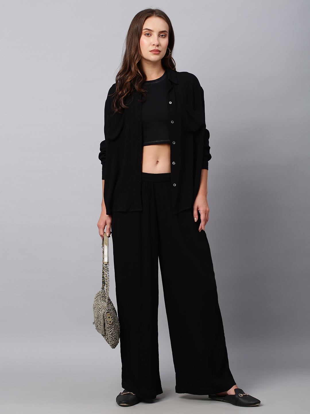 Crinkle Rayon Wide Leg Fluid Trousers