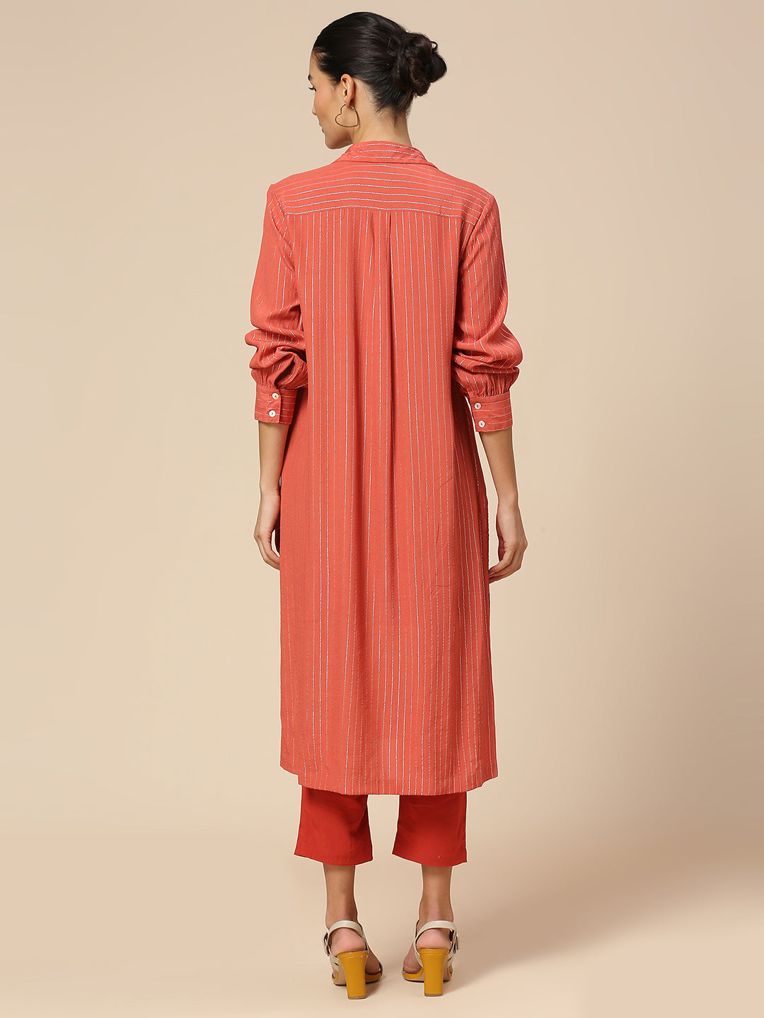 VISCOSE CREPE W/ LUREX STRIPE LONGLINE SHIRT STYLE KURTA TOP & CROPPED VISCOSE PJ SET