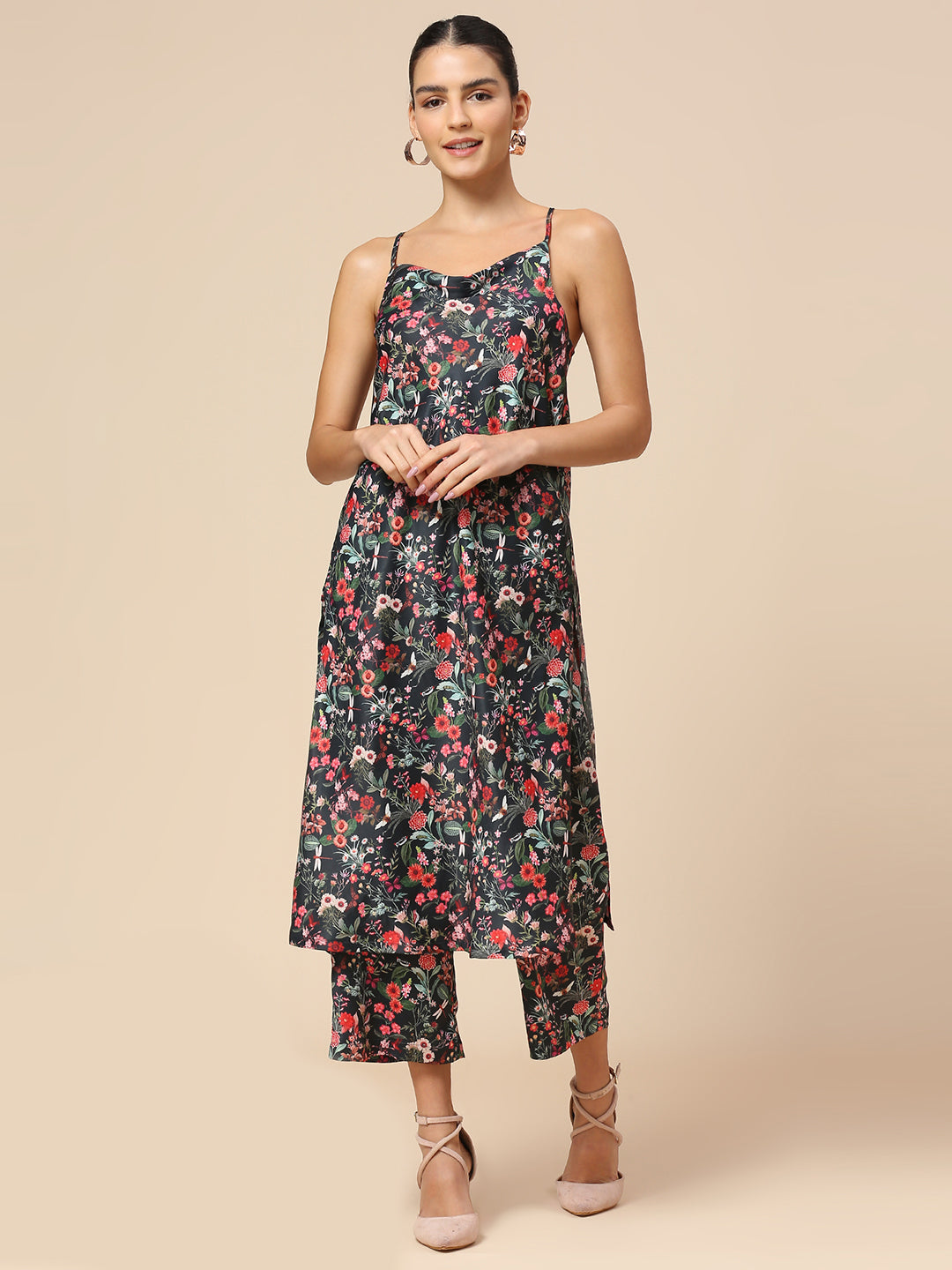 FLORAL PRINTED SATIN COWL NECK SPAGHETTI STRAP KURTA & CROPPED WIDE LEG PJ SET