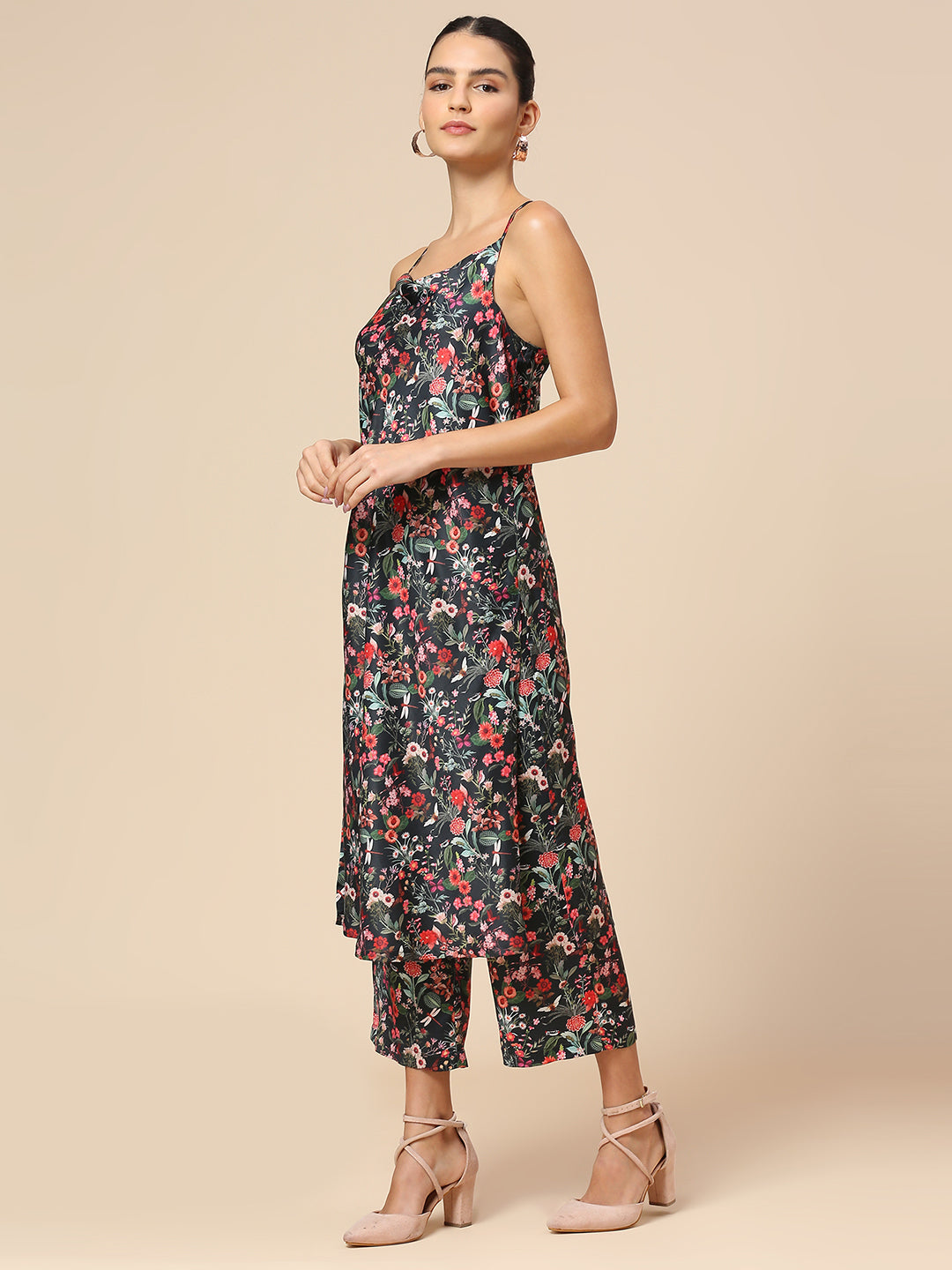 FLORAL PRINTED SATIN COWL NECK SPAGHETTI STRAP KURTA & CROPPED WIDE LEG PJ SET