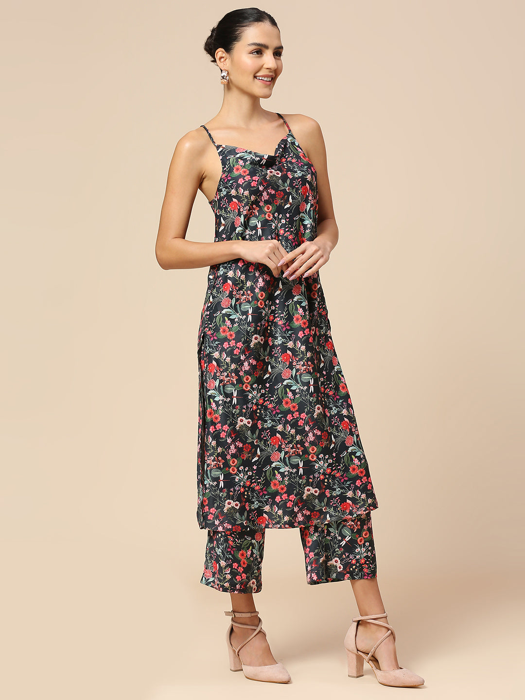 FLORAL PRINTED SATIN COWL NECK SPAGHETTI STRAP KURTA & CROPPED WIDE LEG PJ SET