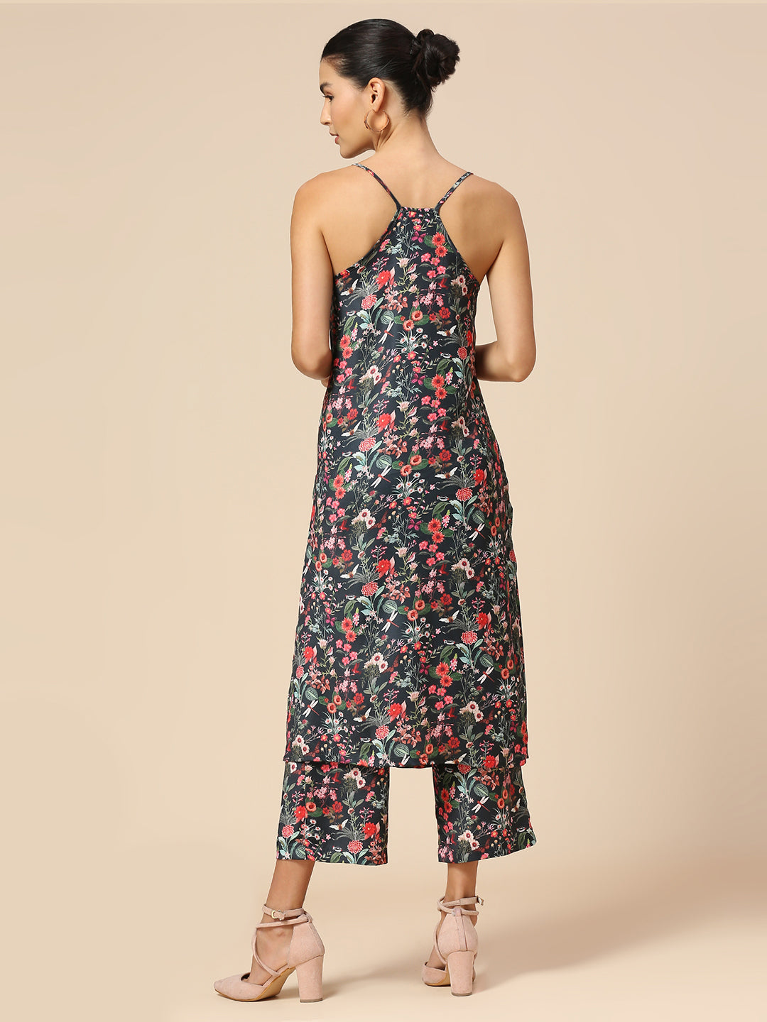 FLORAL PRINTED SATIN COWL NECK SPAGHETTI STRAP KURTA & CROPPED WIDE LEG PJ SET