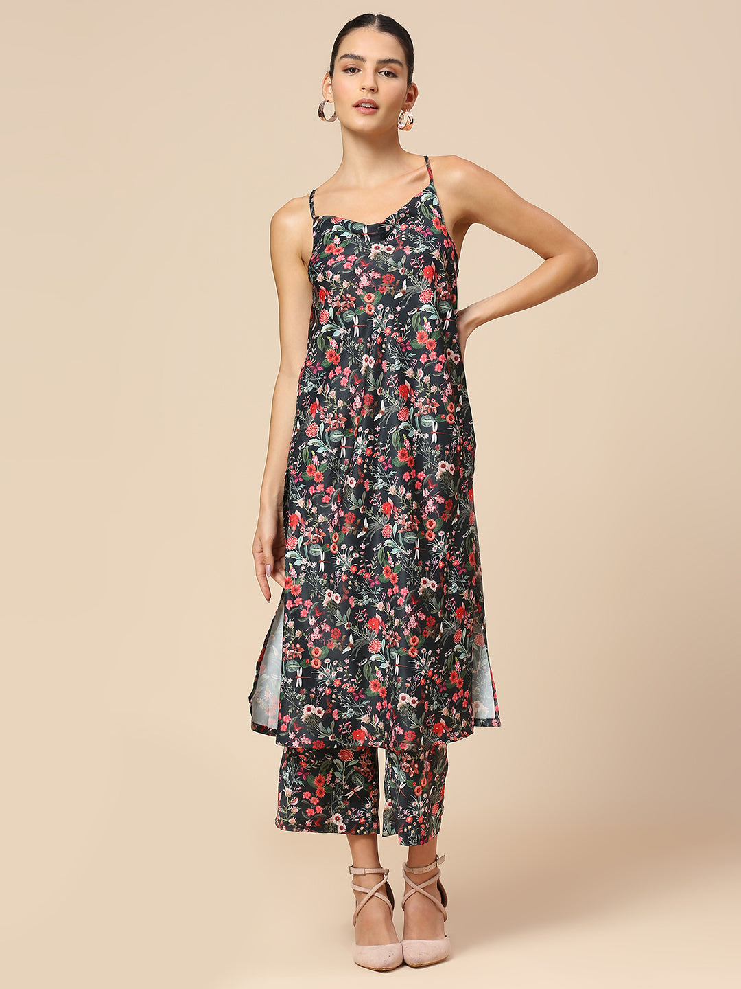 FLORAL PRINTED SATIN COWL NECK SPAGHETTI STRAP KURTA & CROPPED WIDE LEG PJ SET