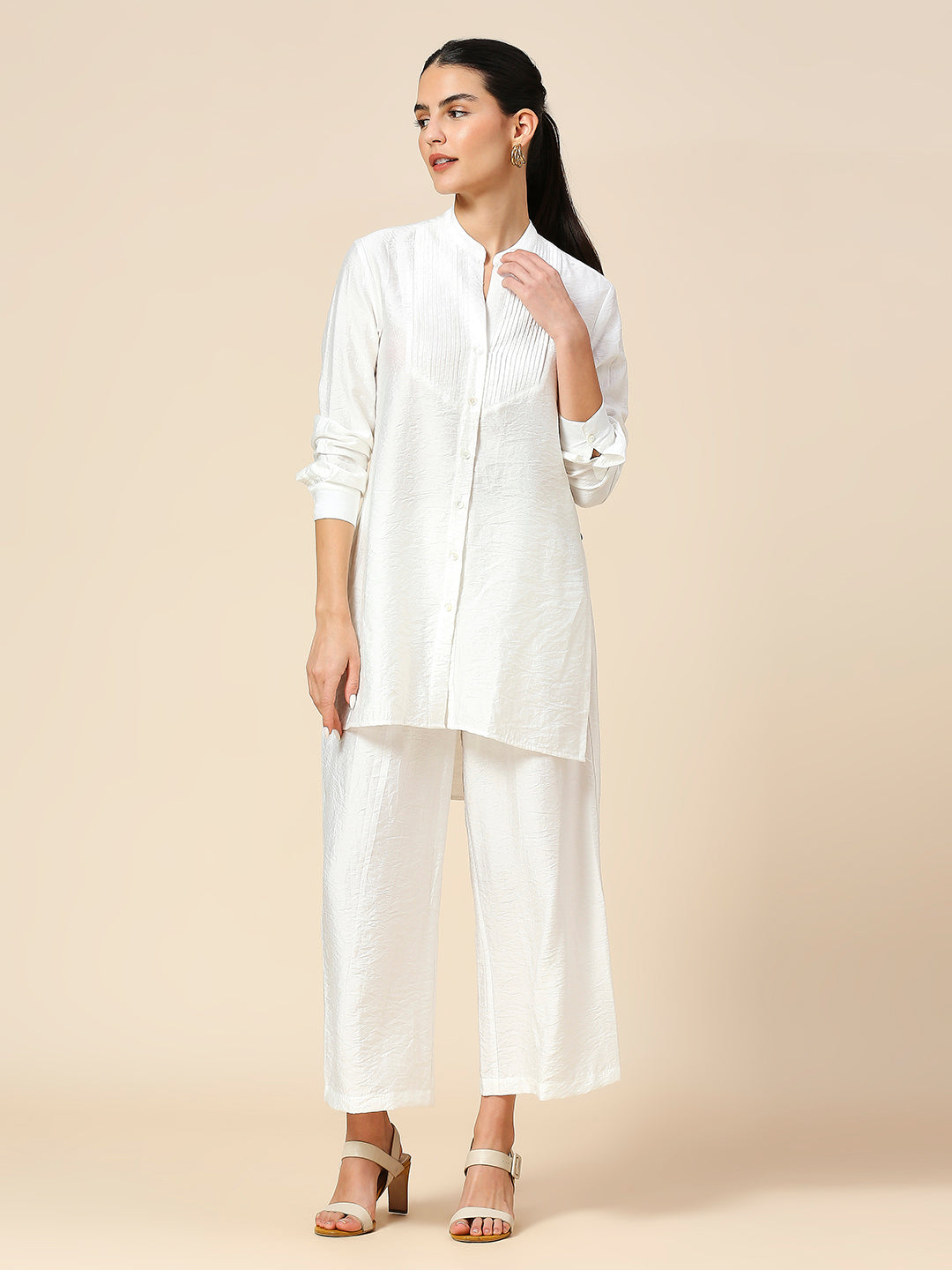 PLEATED YOKE LONGLINE SHIRT & PLEATED FLARED PULL ON PJ'S POLY CRUSH CO-ORD SET