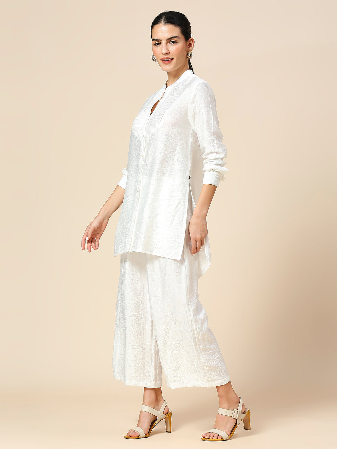 PLEATED YOKE LONGLINE SHIRT & PLEATED FLARED PULL ON PJ'S POLY CRUSH CO-ORD SET
