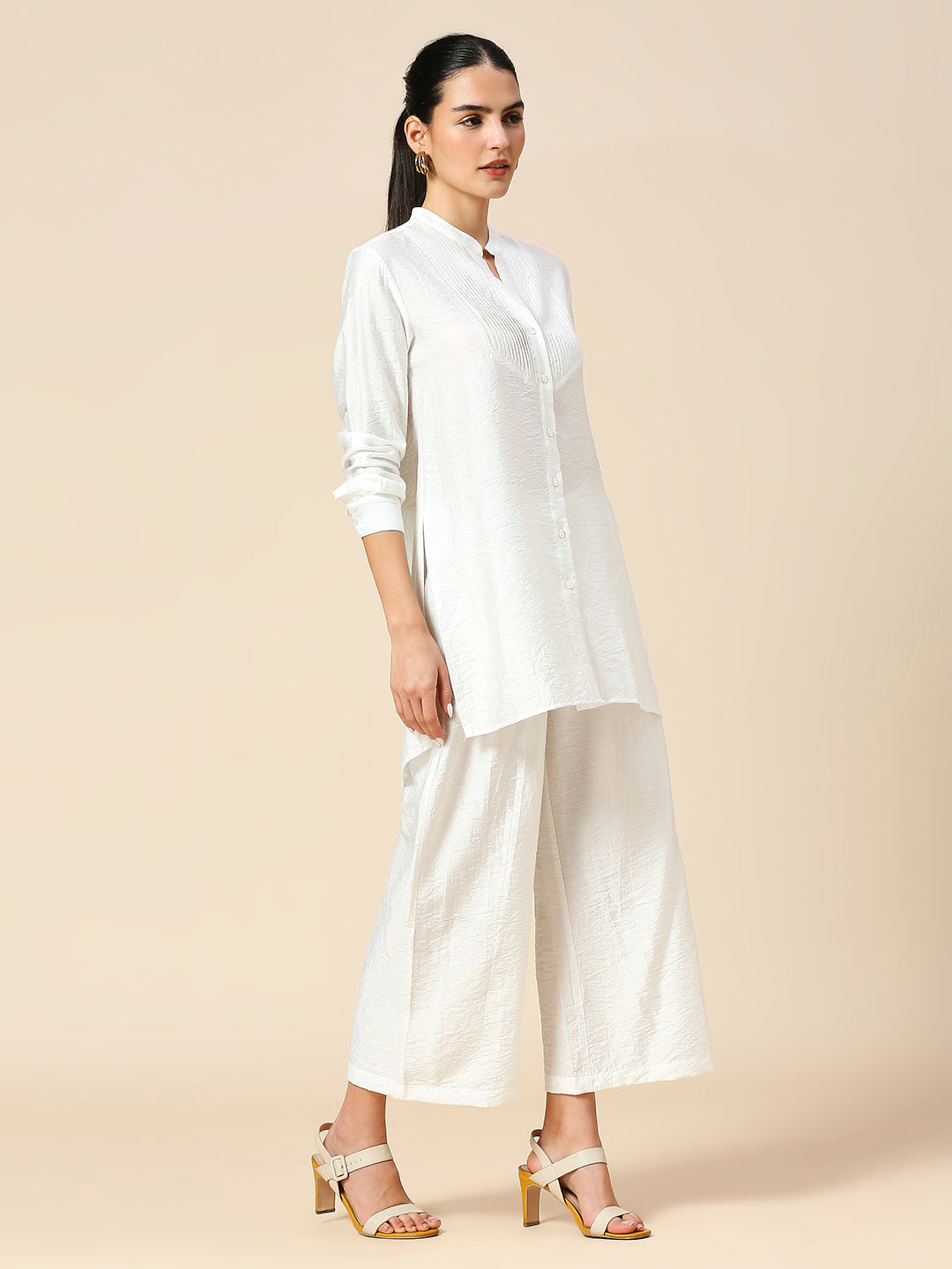 PLEATED YOKE LONGLINE SHIRT & PLEATED FLARED PULL ON PJ'S POLY CRUSH CO-ORD SET