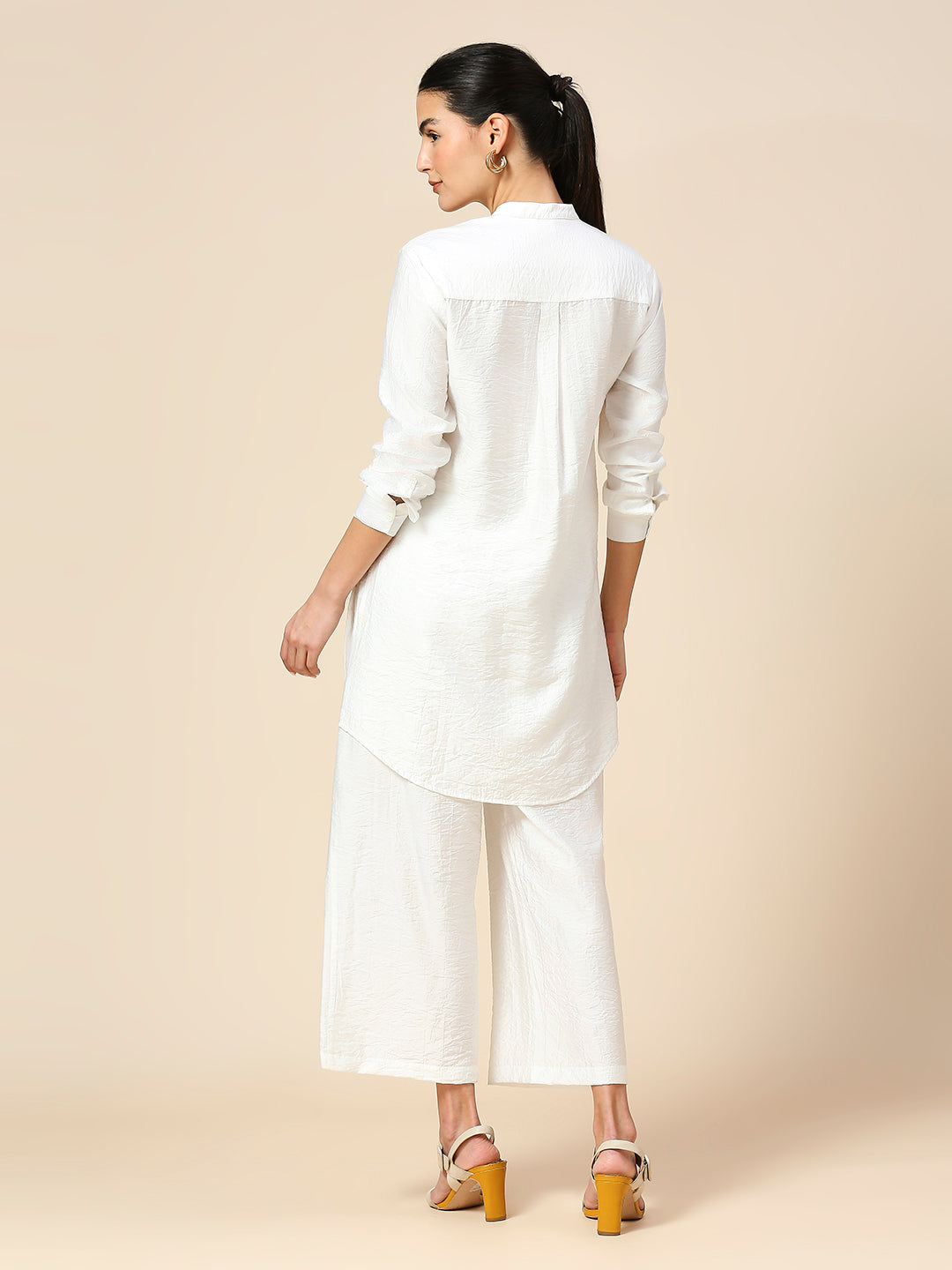 PLEATED YOKE LONGLINE SHIRT & PLEATED FLARED PULL ON PJ'S POLY CRUSH CO-ORD SET