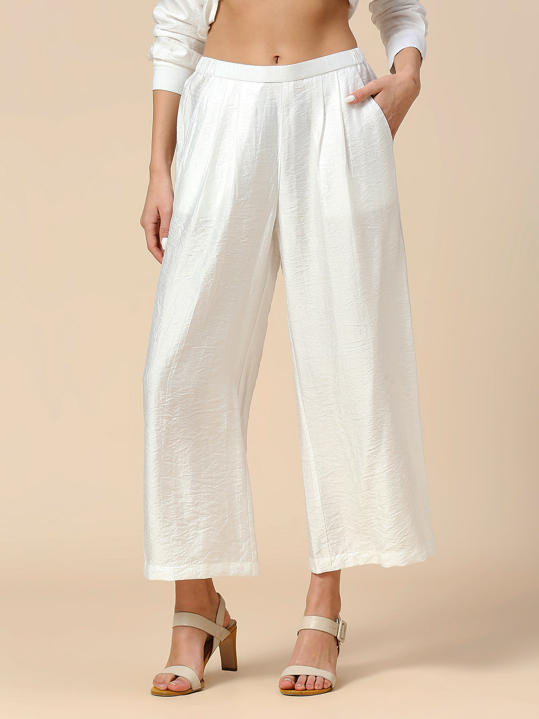PLEATED YOKE LONGLINE SHIRT & PLEATED FLARED PULL ON PJ'S POLY CRUSH CO-ORD SET