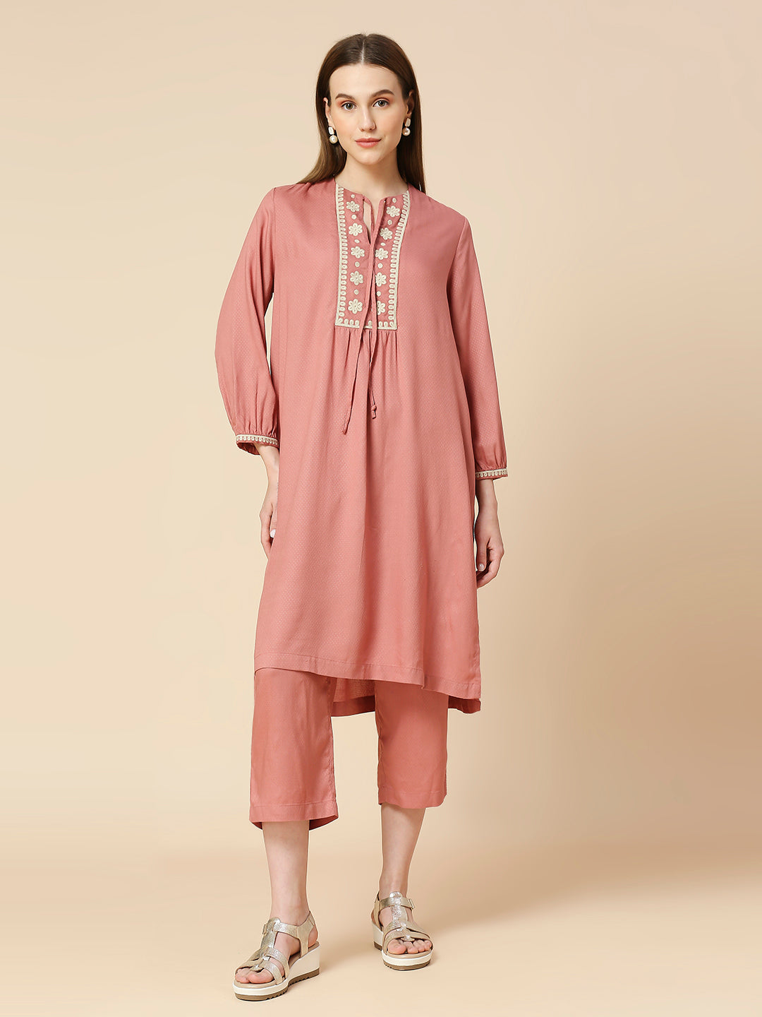 VISCOSE DOT DOBBY EMBROIDERED KURTA & PJ SET