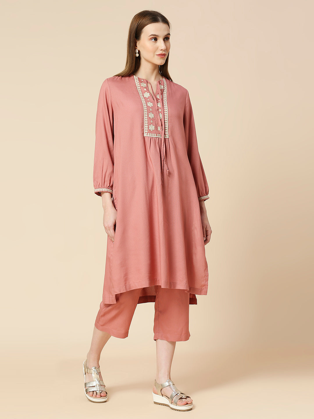 VISCOSE DOT DOBBY EMBROIDERED KURTA & PJ SET