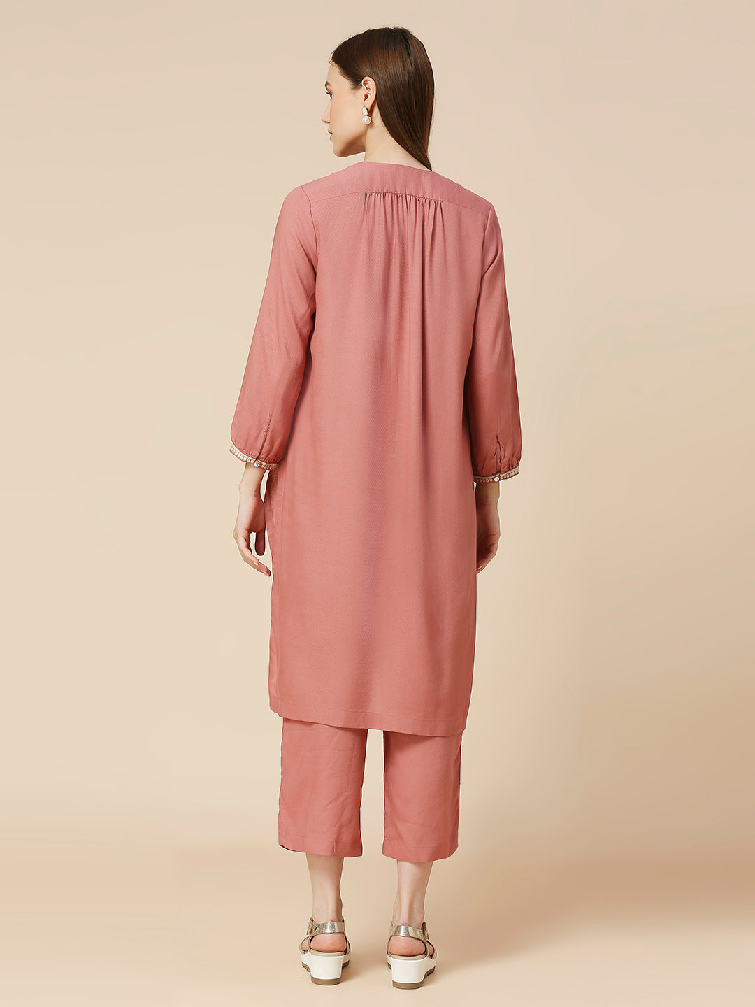 VISCOSE DOT DOBBY EMBROIDERED KURTA & PJ SET