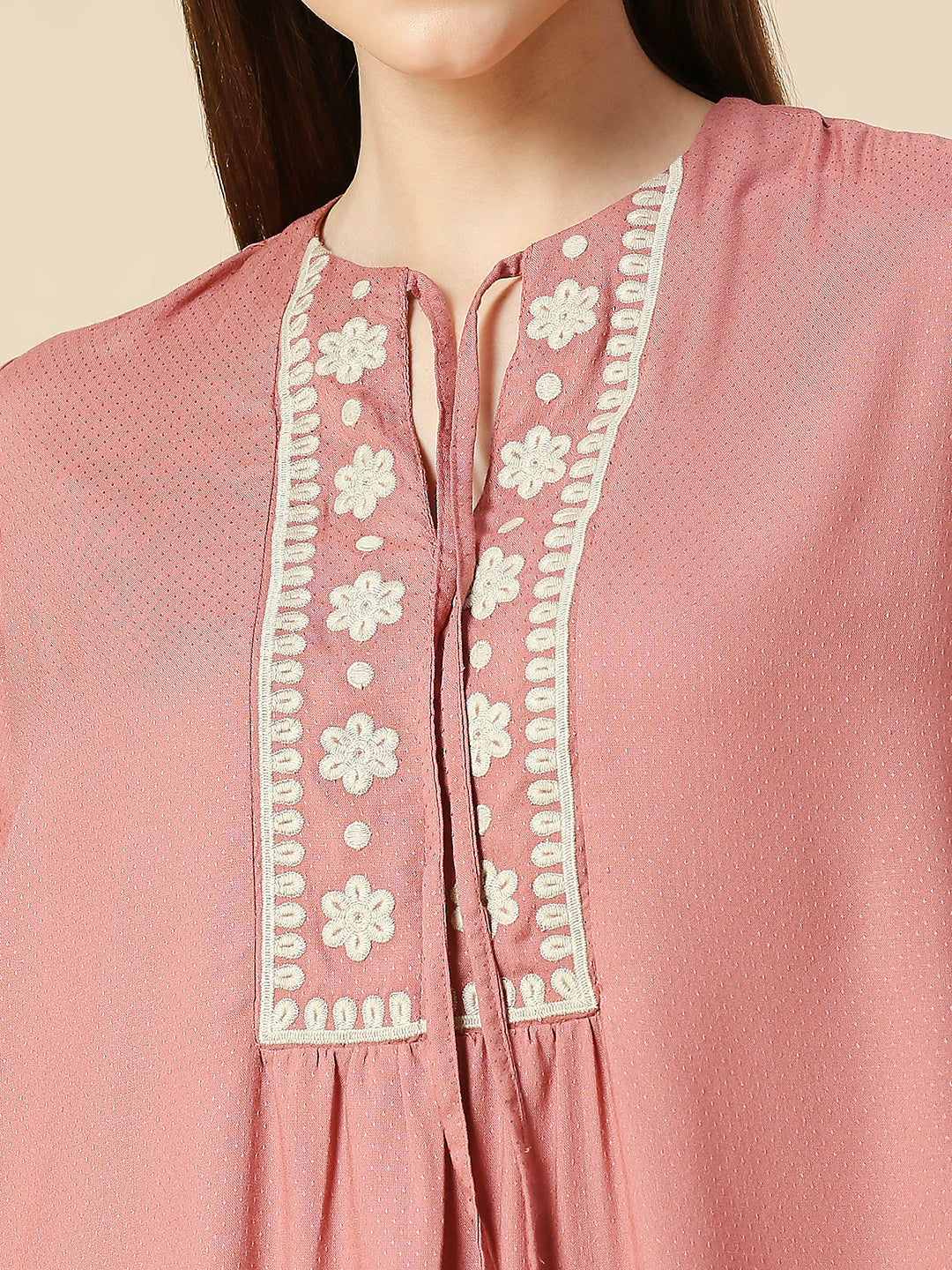 VISCOSE DOT DOBBY EMBROIDERED KURTA & PJ SET