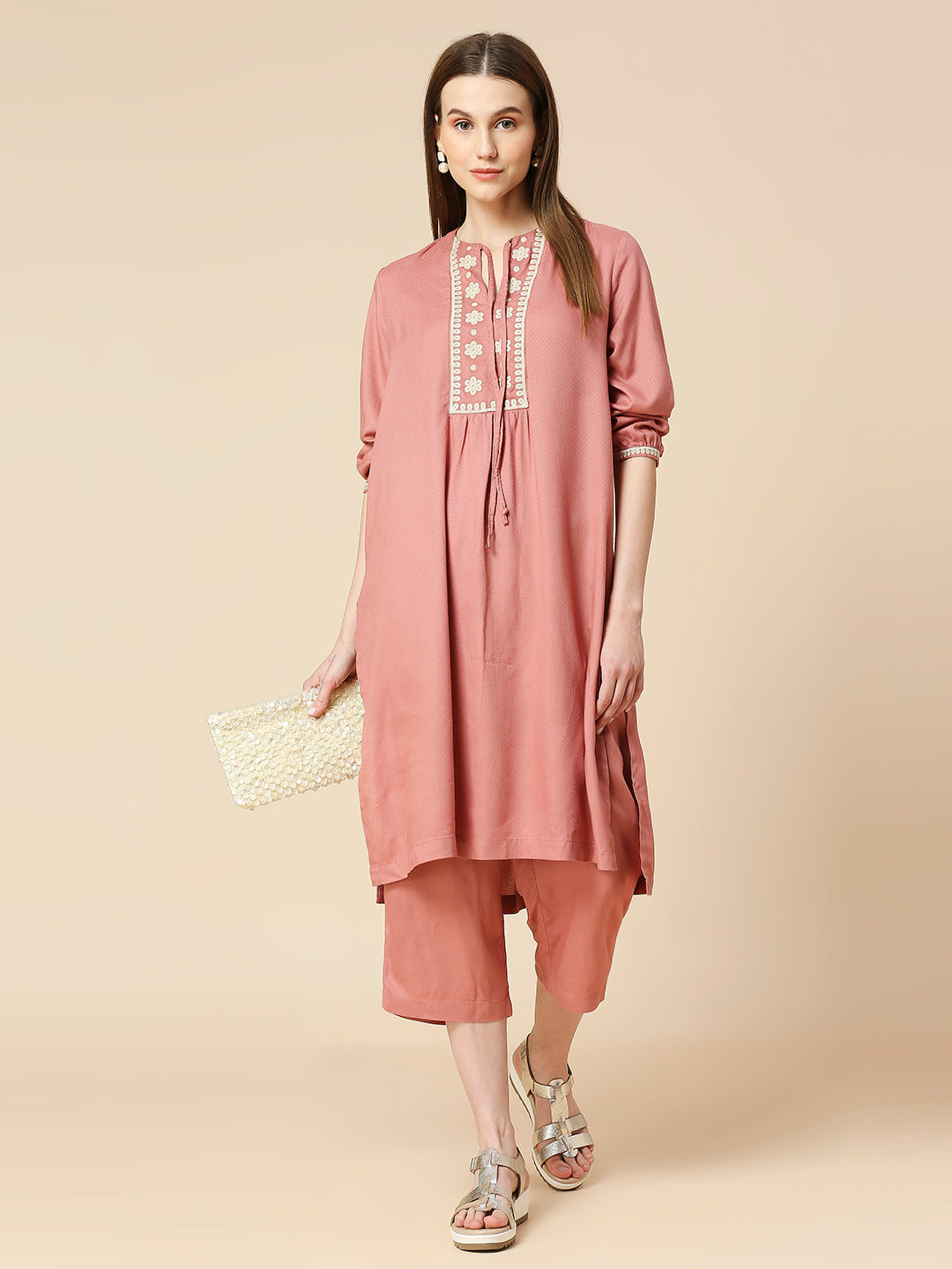 VISCOSE DOT DOBBY EMBROIDERED KURTA & PJ SET