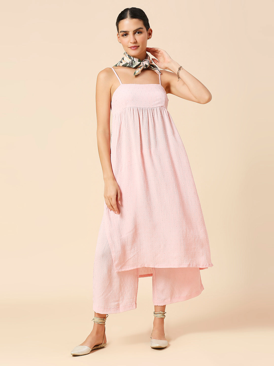 VISCOSE CREPE DOBBY SPAGHETTI STRAP KURTA W/ WIDE LEG PANTS & SCARF SET