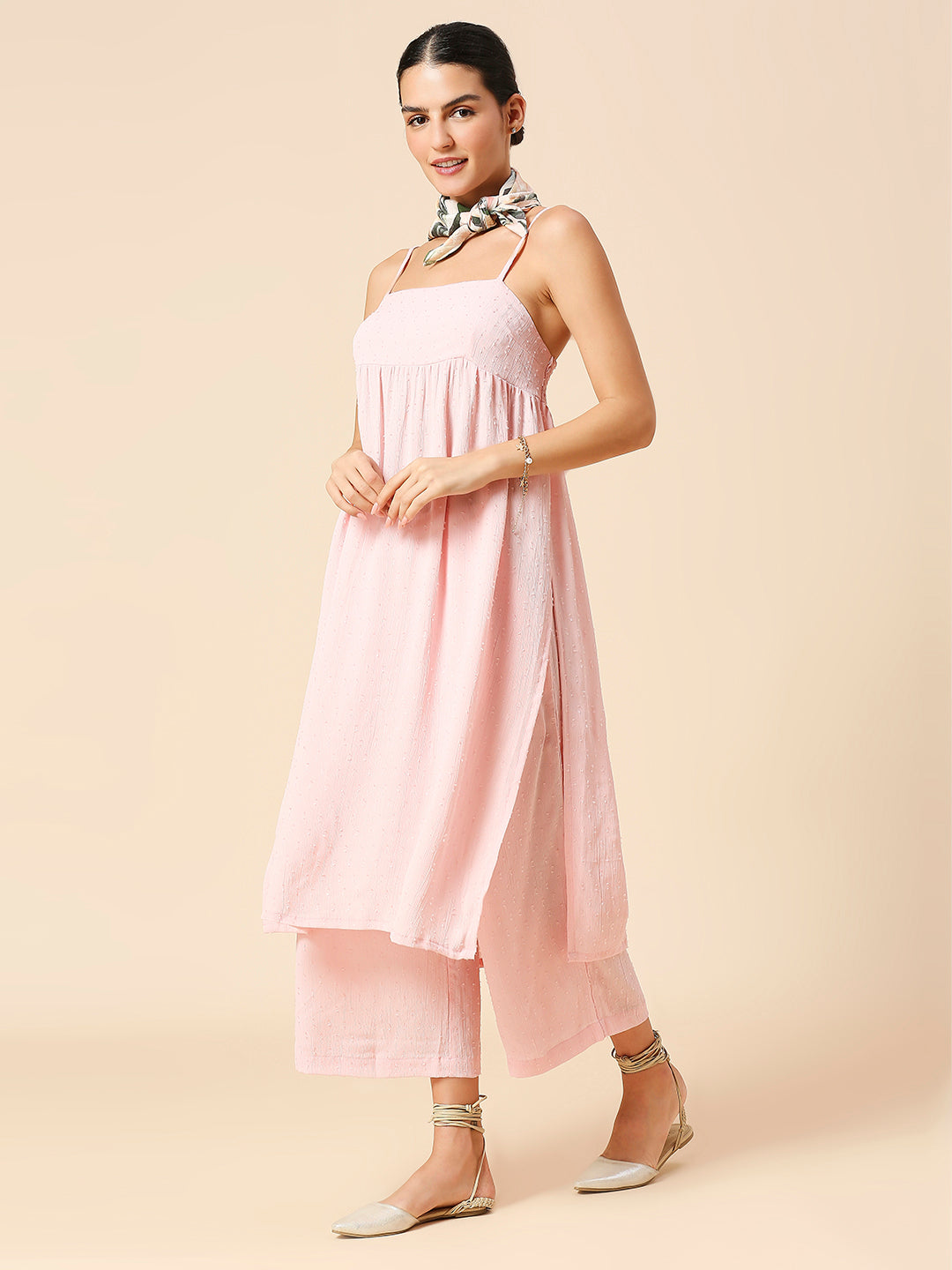 VISCOSE CREPE DOBBY SPAGHETTI STRAP KURTA W/ WIDE LEG PANTS & SCARF SET