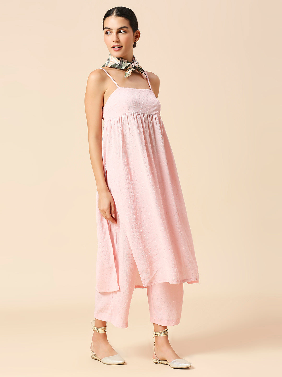 VISCOSE CREPE DOBBY SPAGHETTI STRAP KURTA W/ WIDE LEG PANTS & SCARF SET