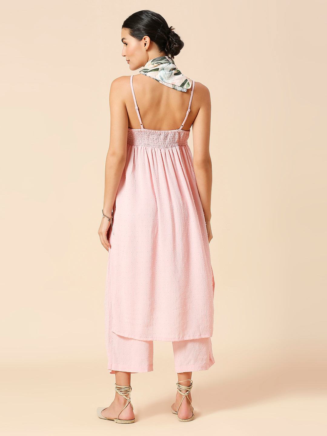 VISCOSE CREPE DOBBY SPAGHETTI STRAP KURTA W/ WIDE LEG PANTS & SCARF SET