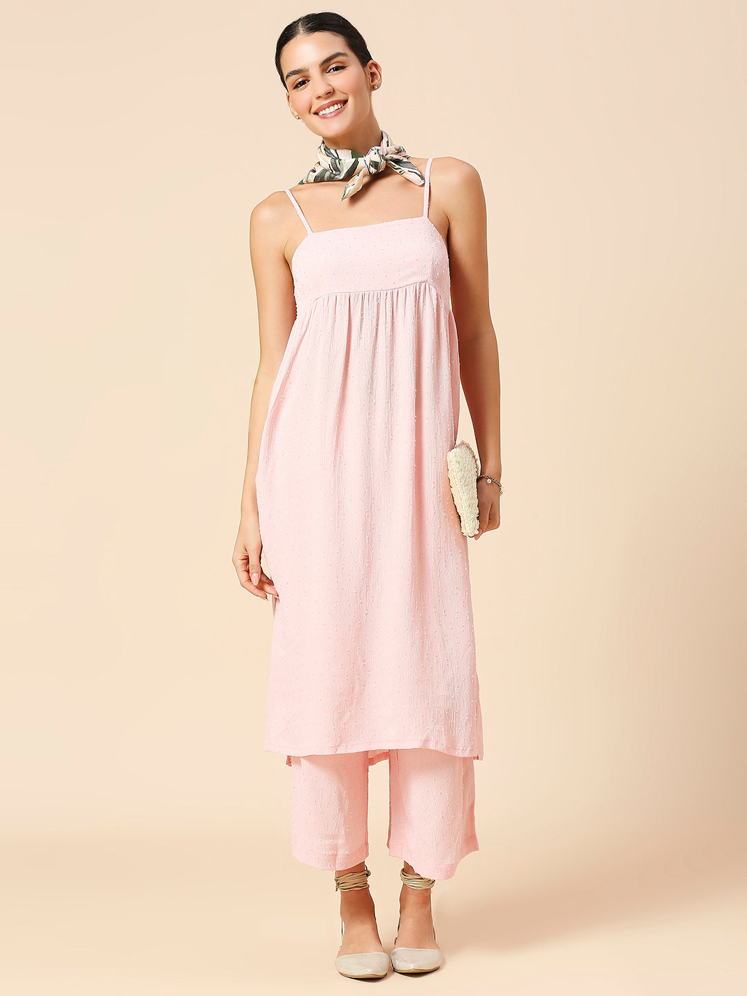 VISCOSE CREPE DOBBY SPAGHETTI STRAP KURTA W/ WIDE LEG PANTS & SCARF SET