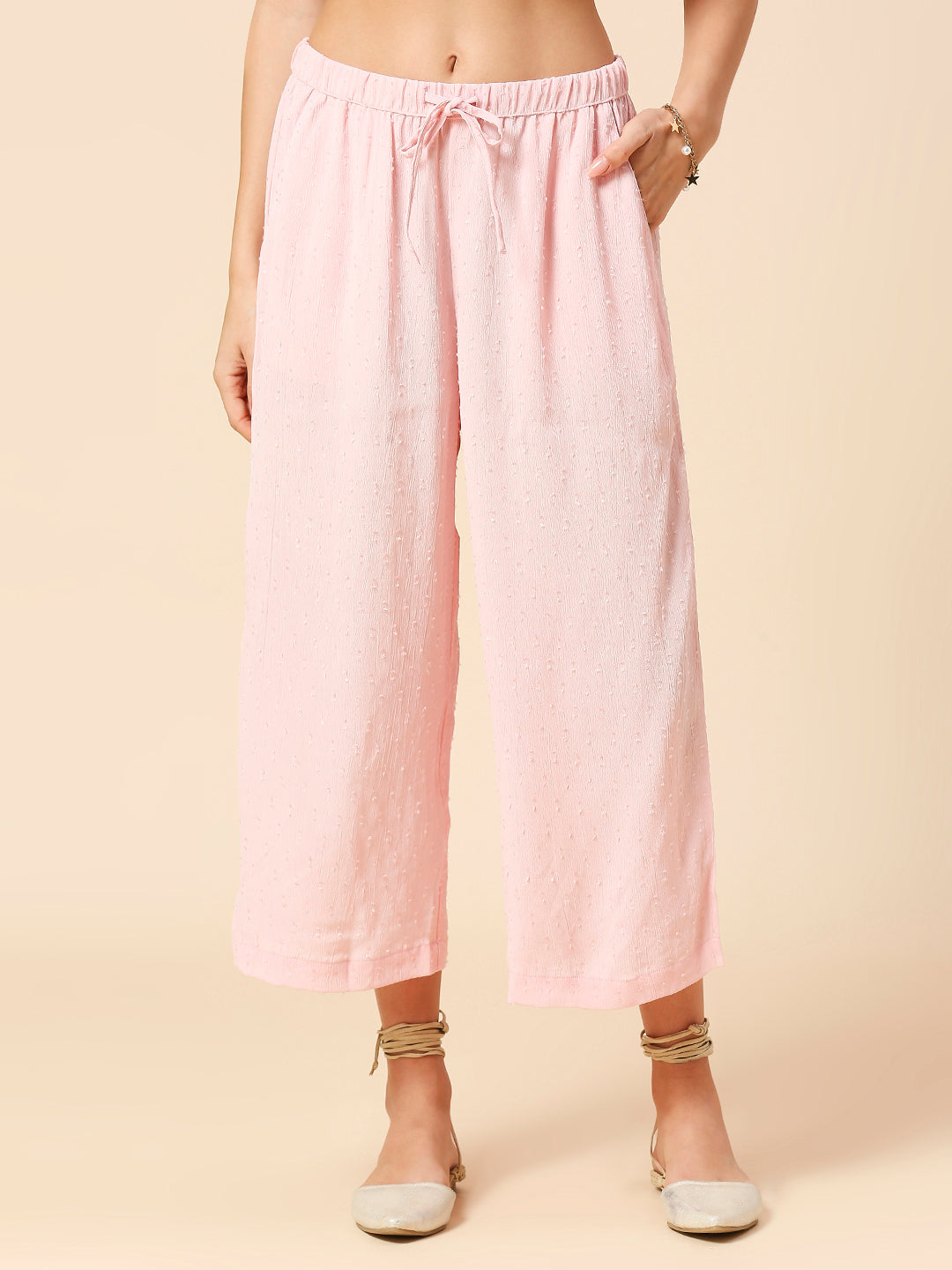 VISCOSE CREPE DOBBY SPAGHETTI STRAP KURTA W/ WIDE LEG PANTS & SCARF SET