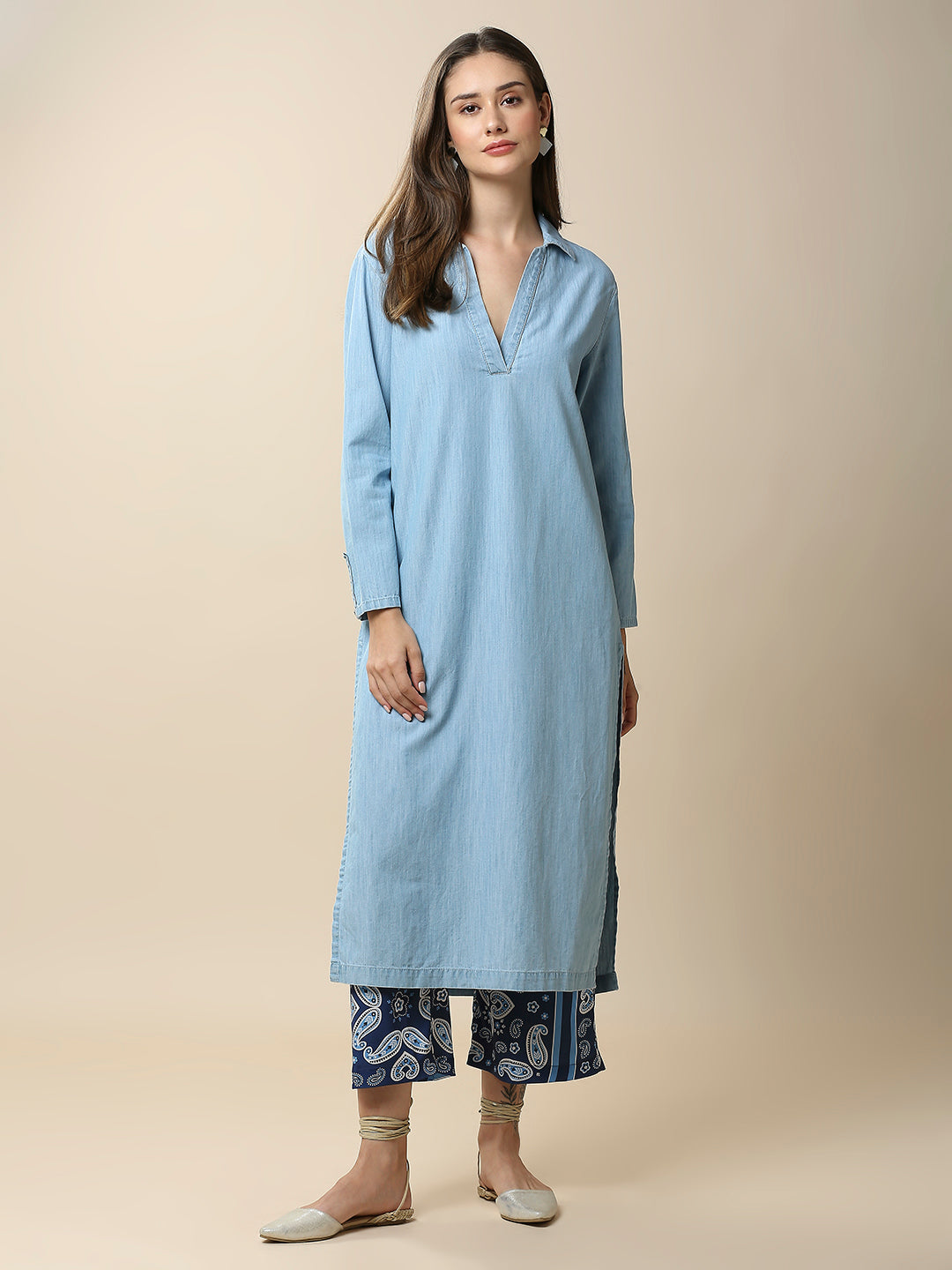 ICE WASH DENIM LONGLINE TUNIC &  PRINTED SATIN WIDE LEG PJ SET