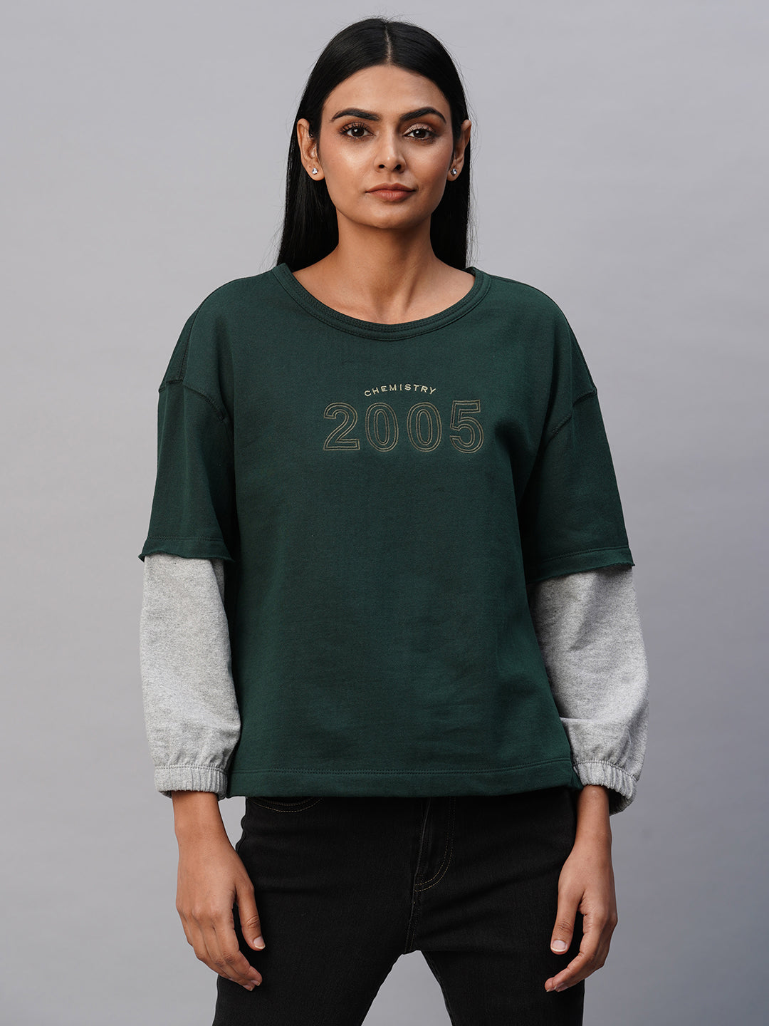 FRENCH TERRY EMBROIDERED SWEATSHIRT W/ FAUX DOUBLER DETAIL SLEEVES