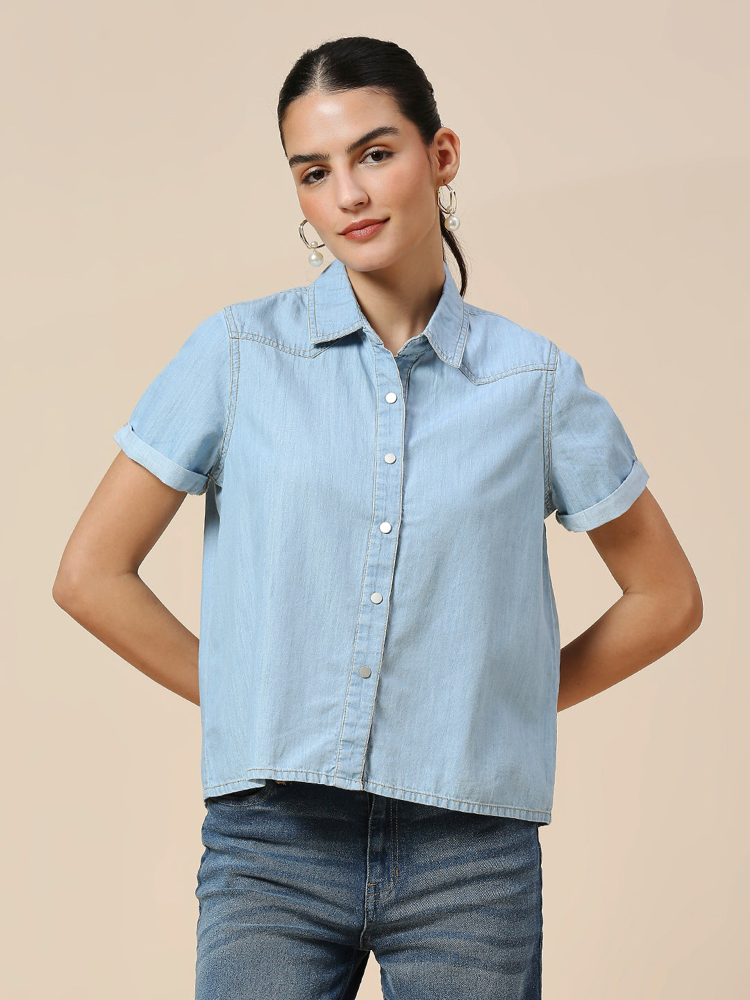 ICE WASH DENIM ESSENTIAL SHORT SLEEVE SHIRT