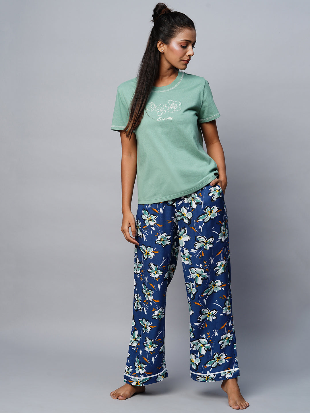 Embroidered Tee & Printed Viscose Pj Set