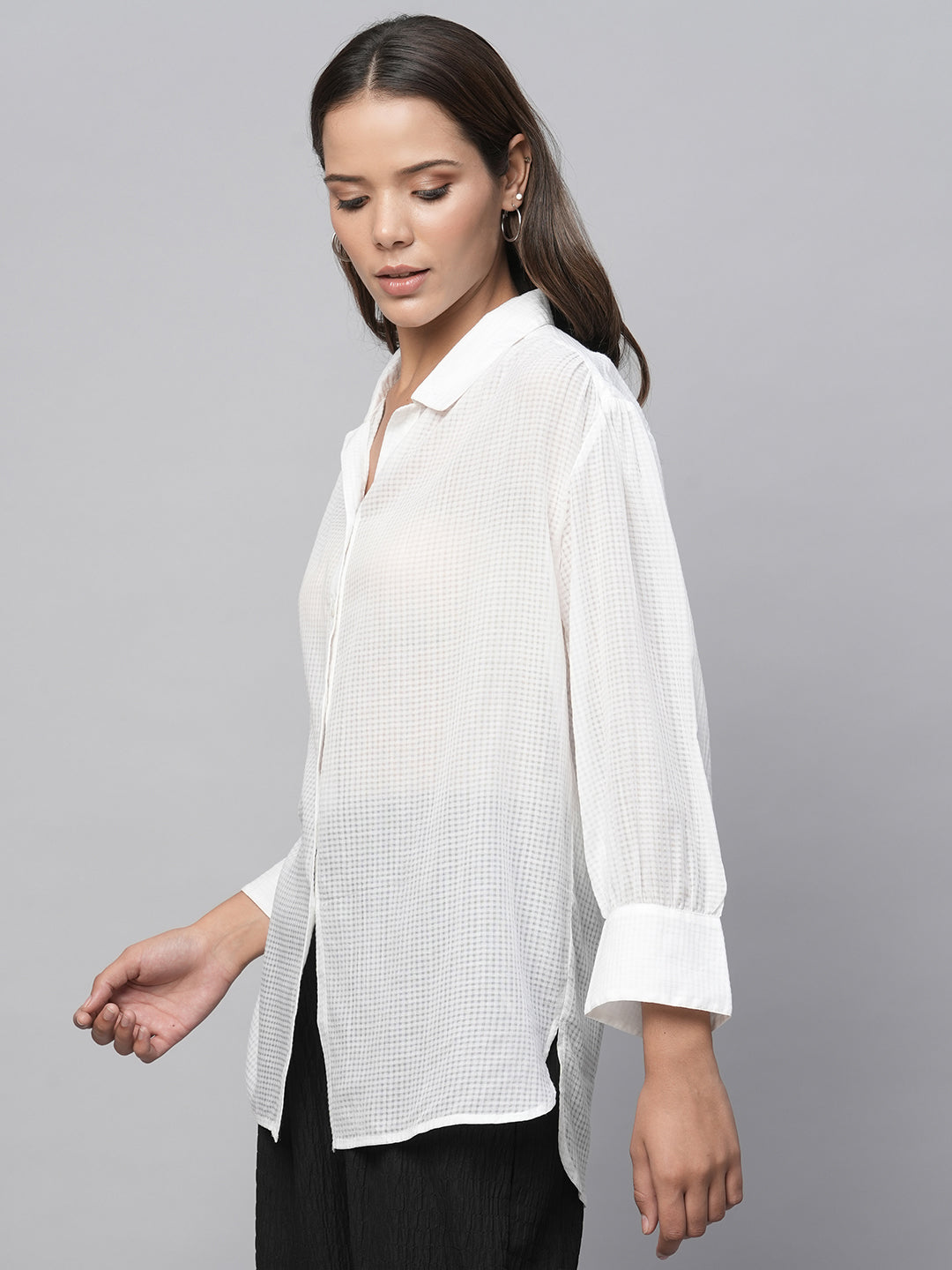 Modal Check Dobby Drop Shoulder Longline Romantic Shirt