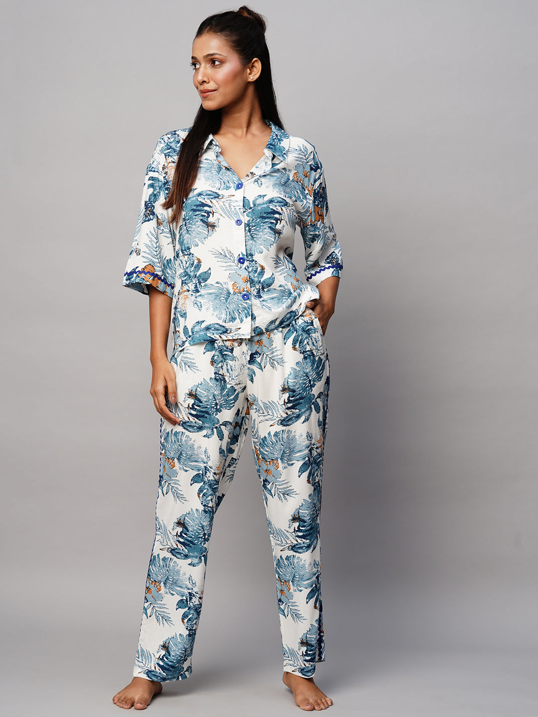Printed Viscose Lapel Collar, Drop Shoulder Pj Set With Ric Rac Detailing