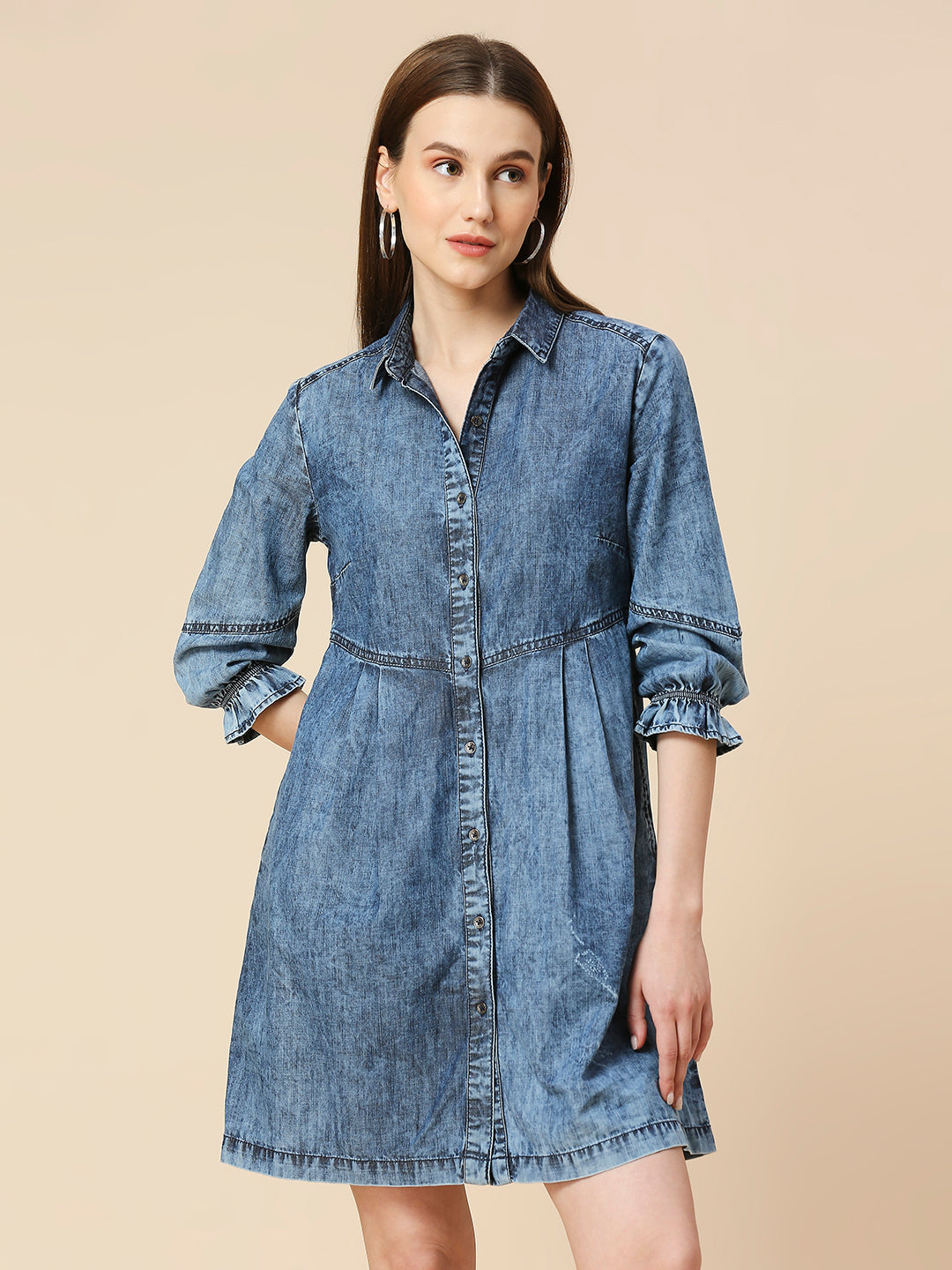 LIGHT WEIGHT DENIM ACID WASH SHIRT DRESS
