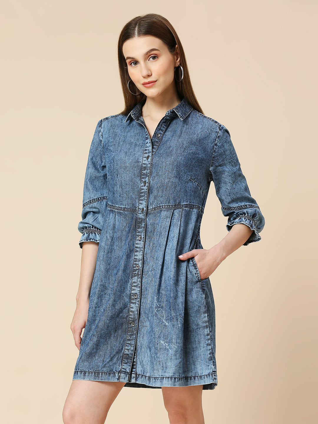 LIGHT WEIGHT DENIM ACID WASH SHIRT DRESS