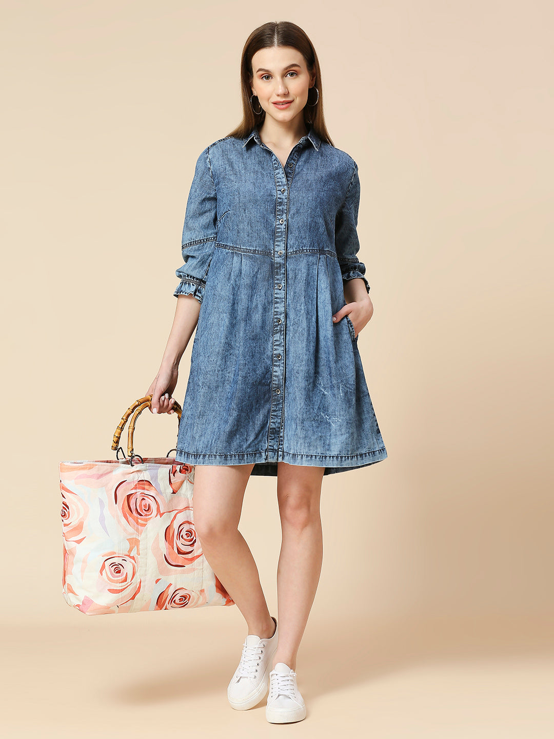 LIGHT WEIGHT DENIM ACID WASH SHIRT DRESS