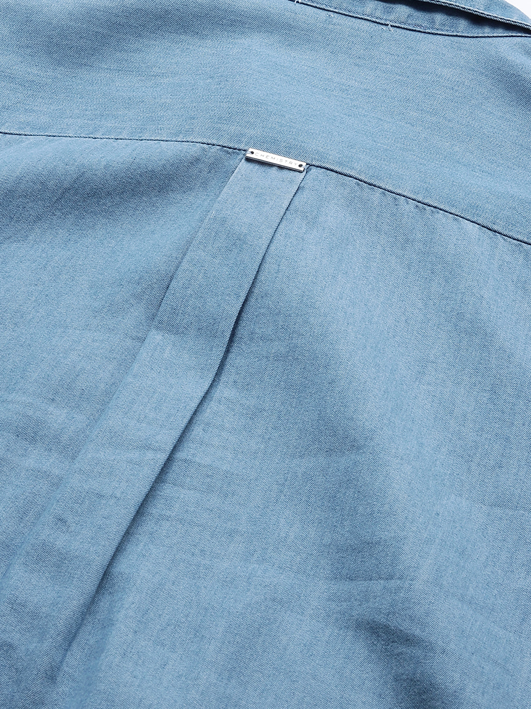 Pleated Yoke Cotton Tencel Denim Pop Over Shirt Dress