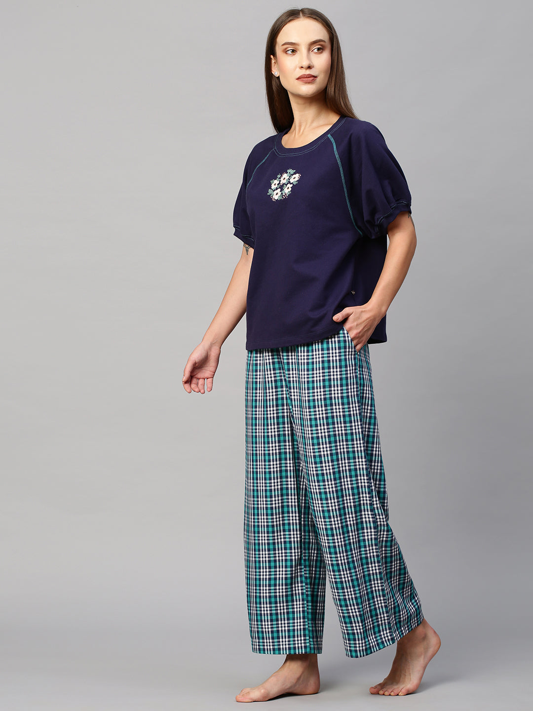 Embroidered Raglan French Terry Tee With Plaid Wide Leg Pj'S