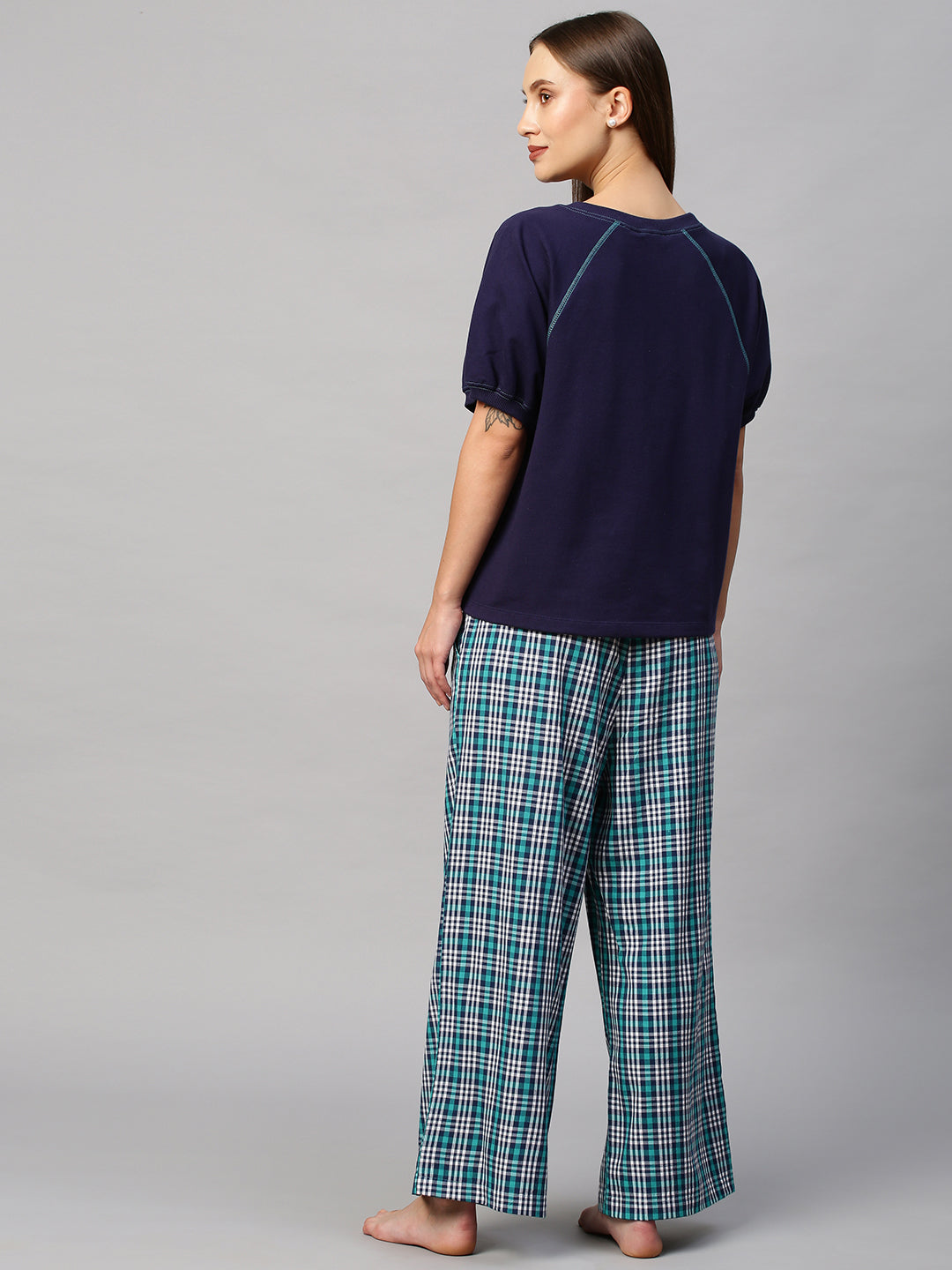 Embroidered Raglan French Terry Tee With Plaid Wide Leg Pj'S