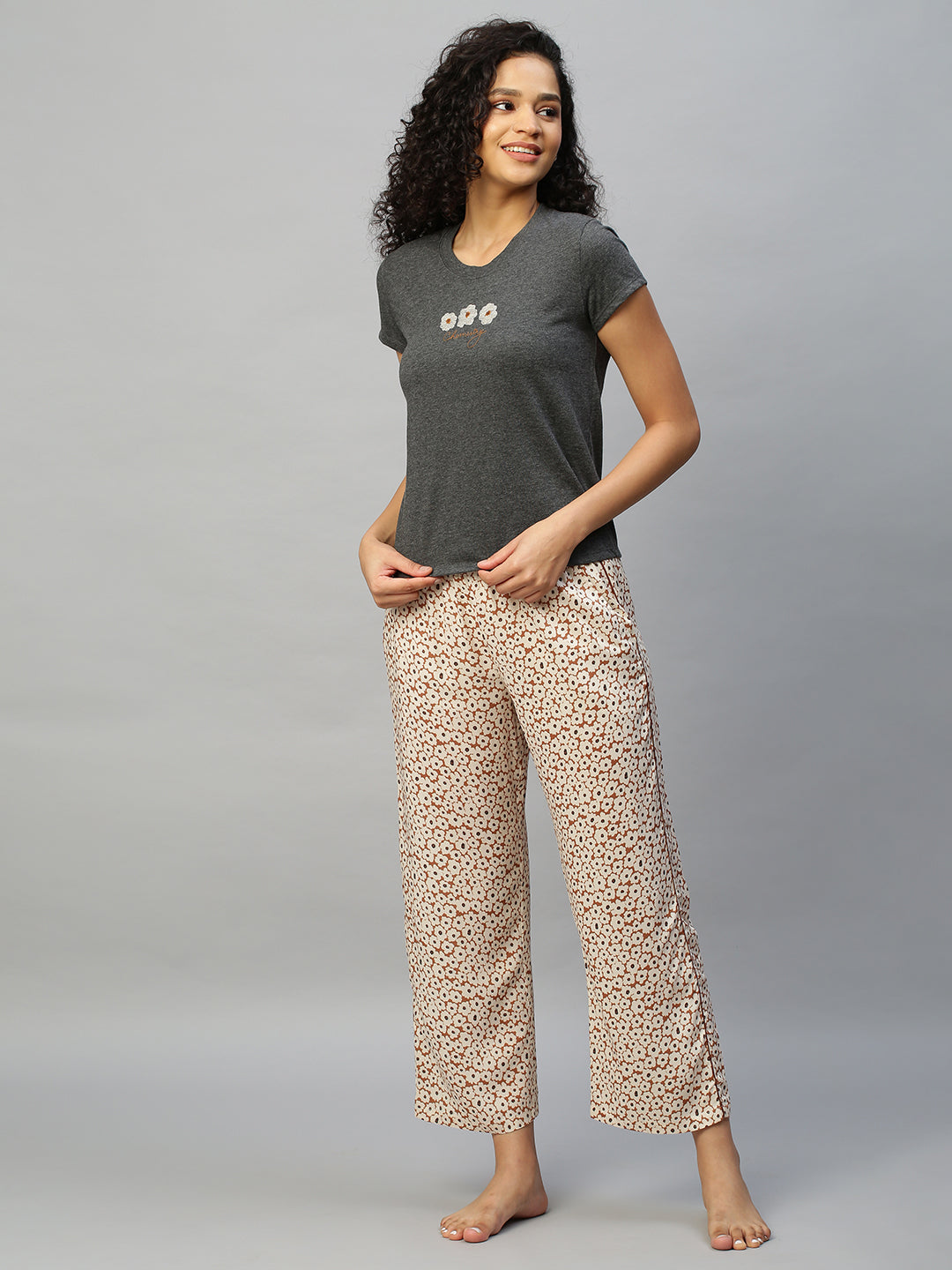 Embroidered Grey Melange Tee W/ Floral Printed Rayon Pj'S