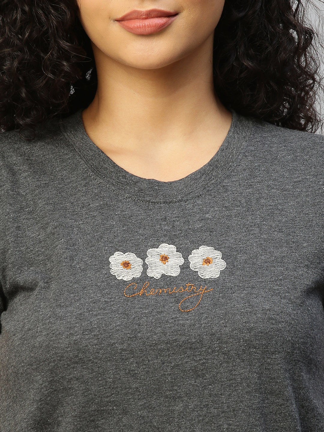 Embroidered Grey Melange Tee W/ Floral Printed Rayon Pj'S