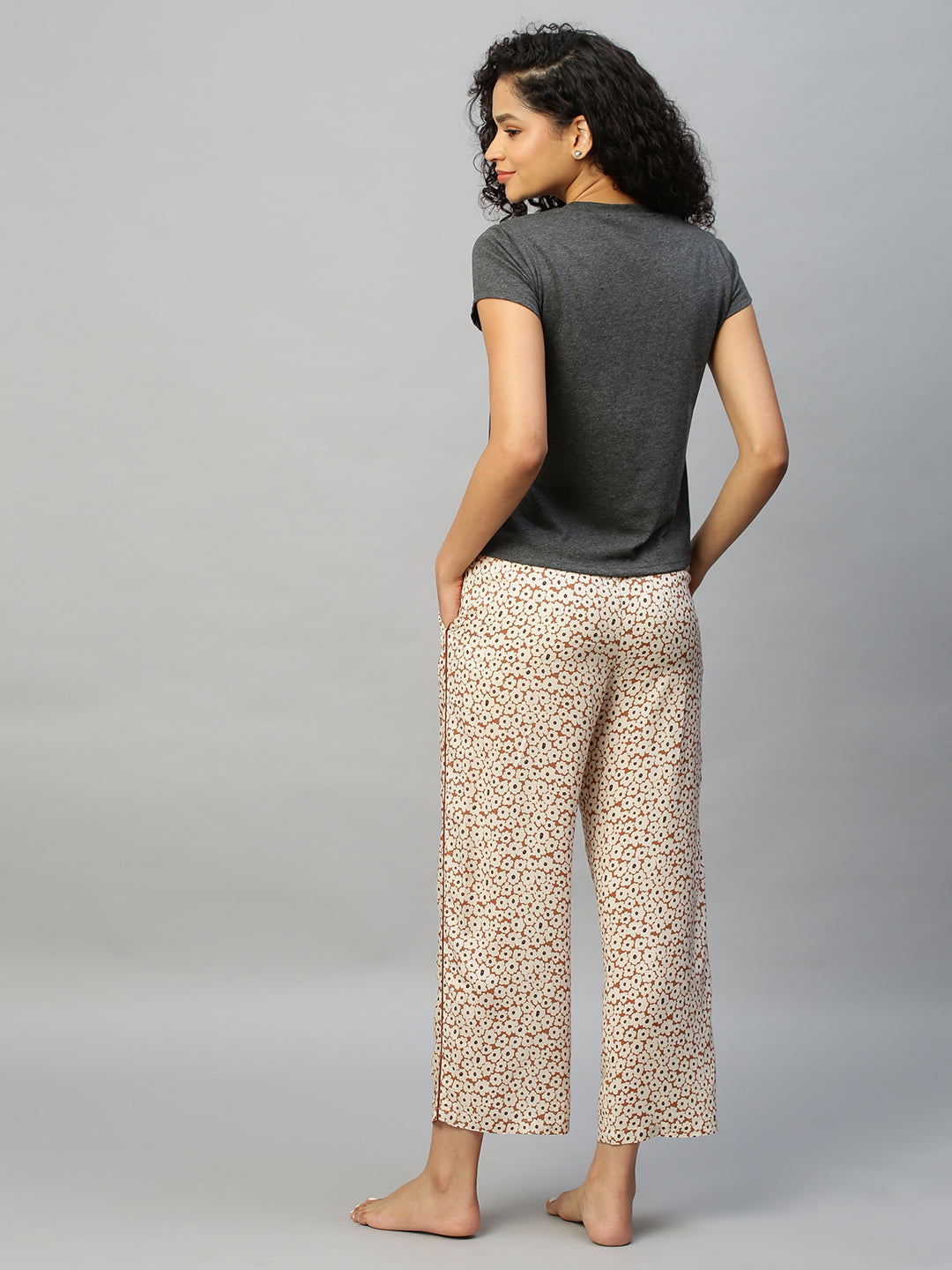 Embroidered Grey Melange Tee W/ Floral Printed Rayon Pj'S