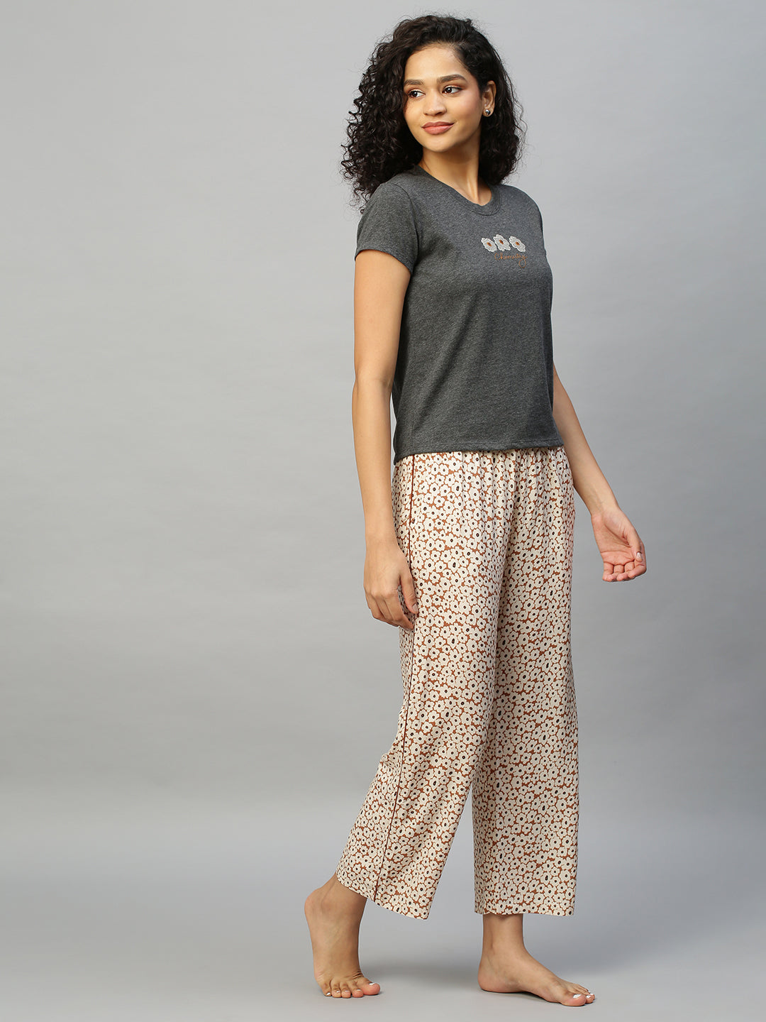 Embroidered Grey Melange Tee W/ Floral Printed Rayon Pj'S