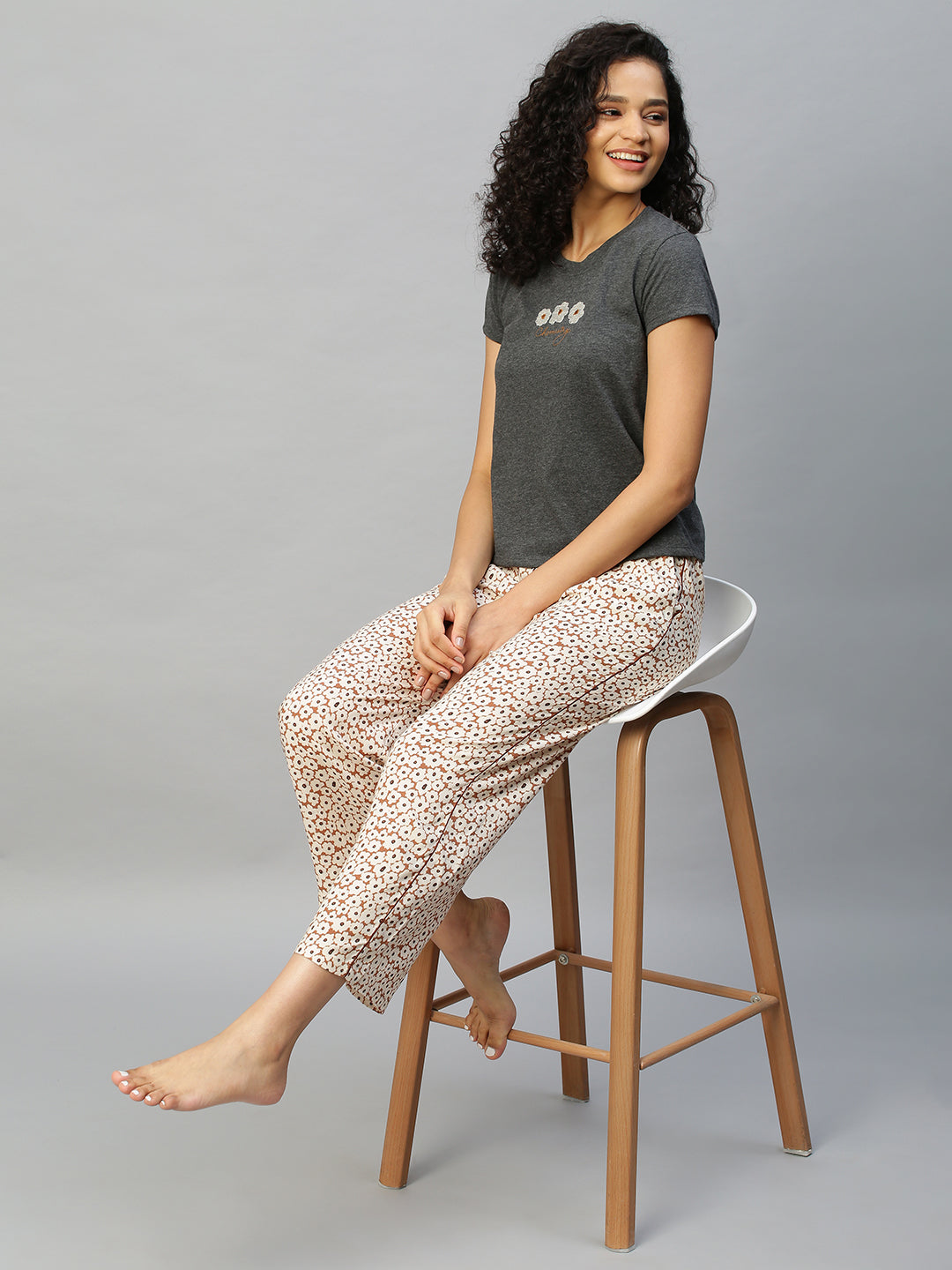 Embroidered Grey Melange Tee W/ Floral Printed Rayon Pj'S