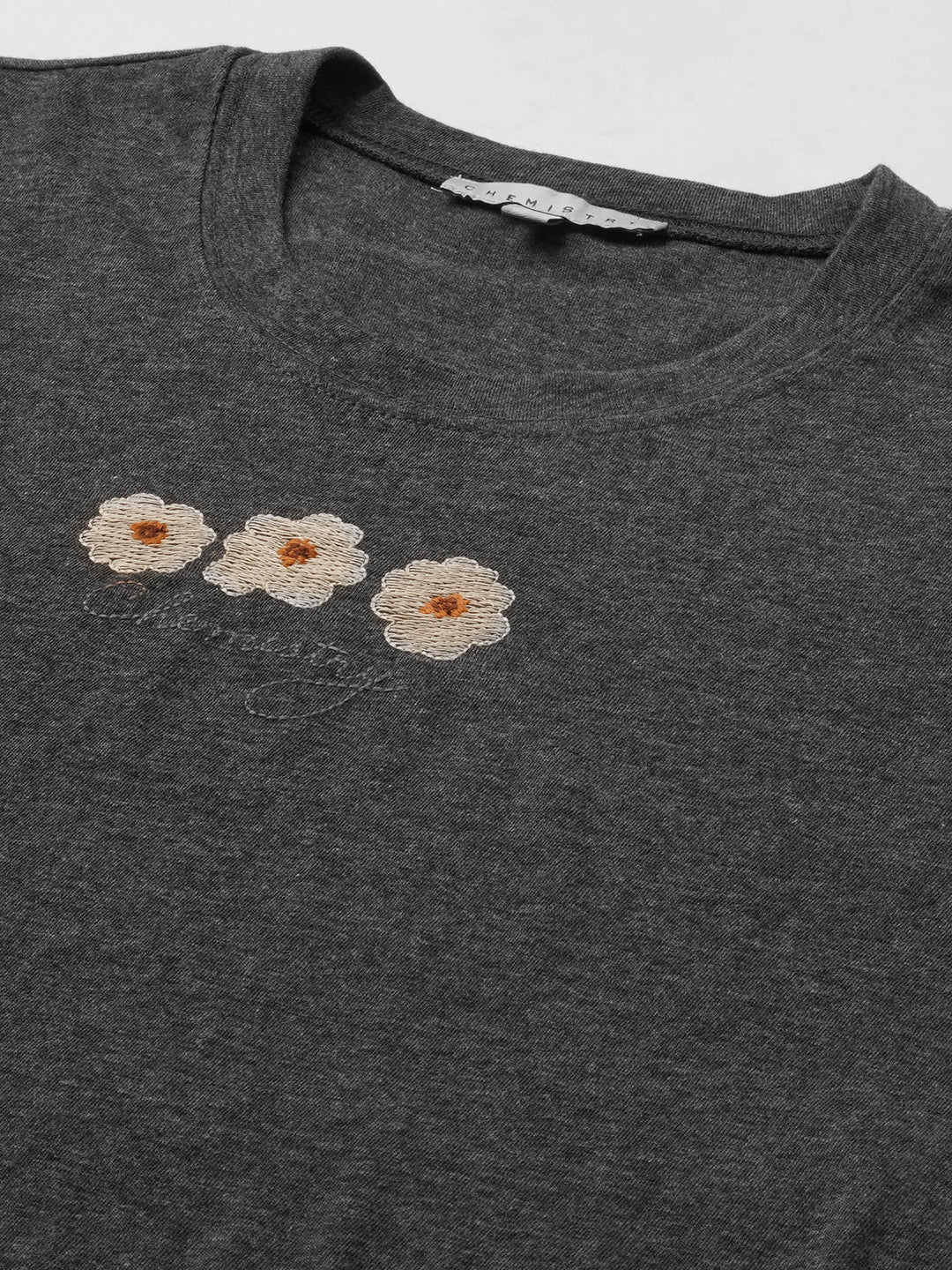 Embroidered Grey Melange Tee W/ Floral Printed Rayon Pj'S