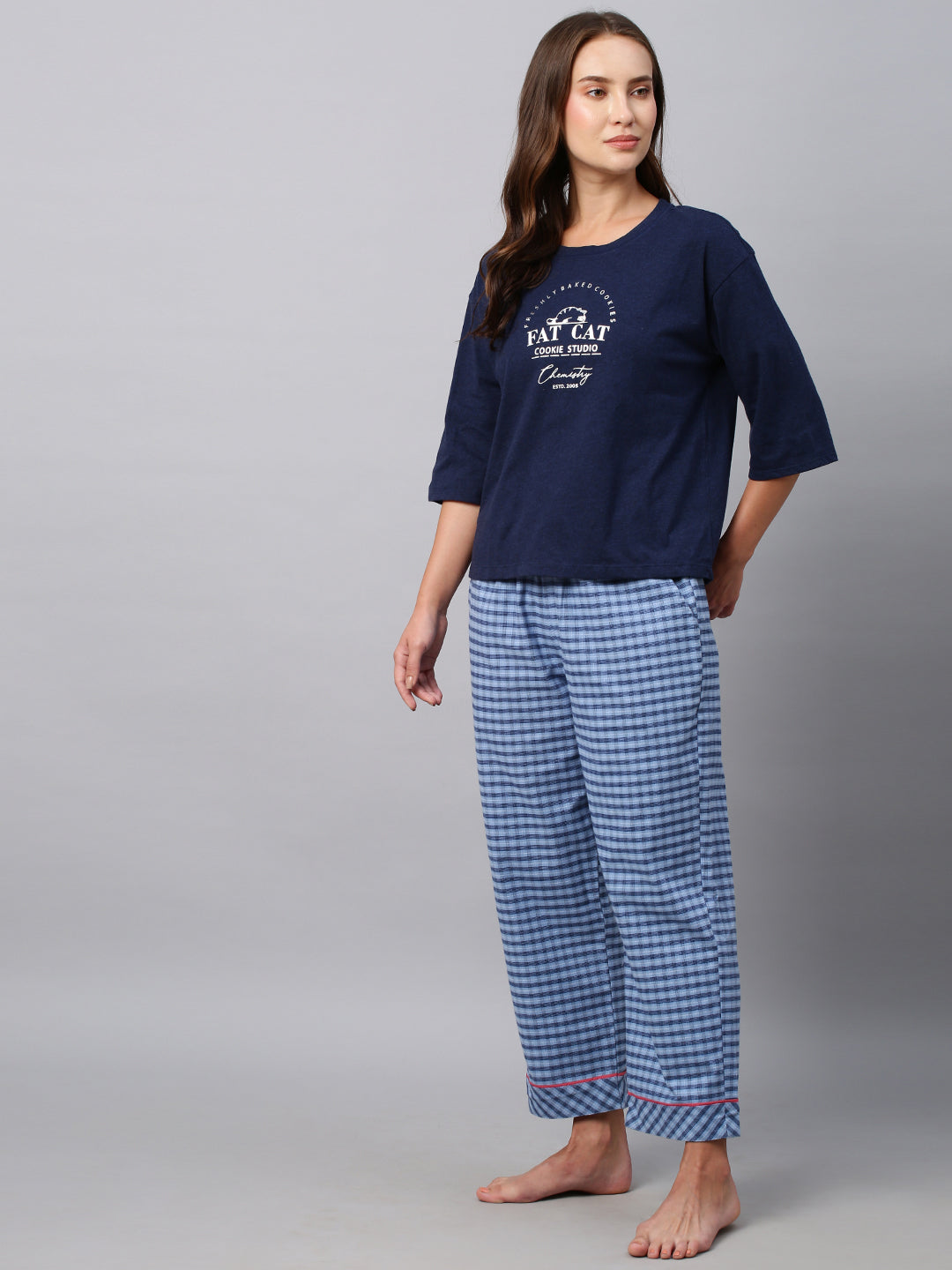 Printed Drop Shoulder Tee W/ Cotton Checkered Pj'S