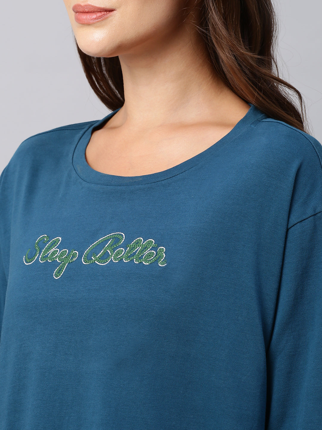 Embroidered Drop Shoulder Tee With  Printed Rayon Pj'S