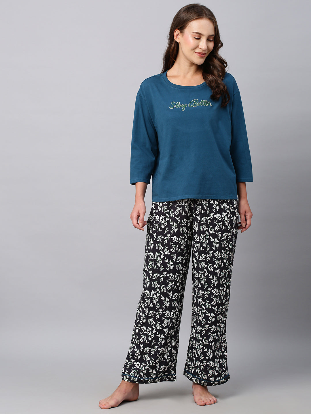 Embroidered Drop Shoulder Tee With  Printed Rayon Pj'S