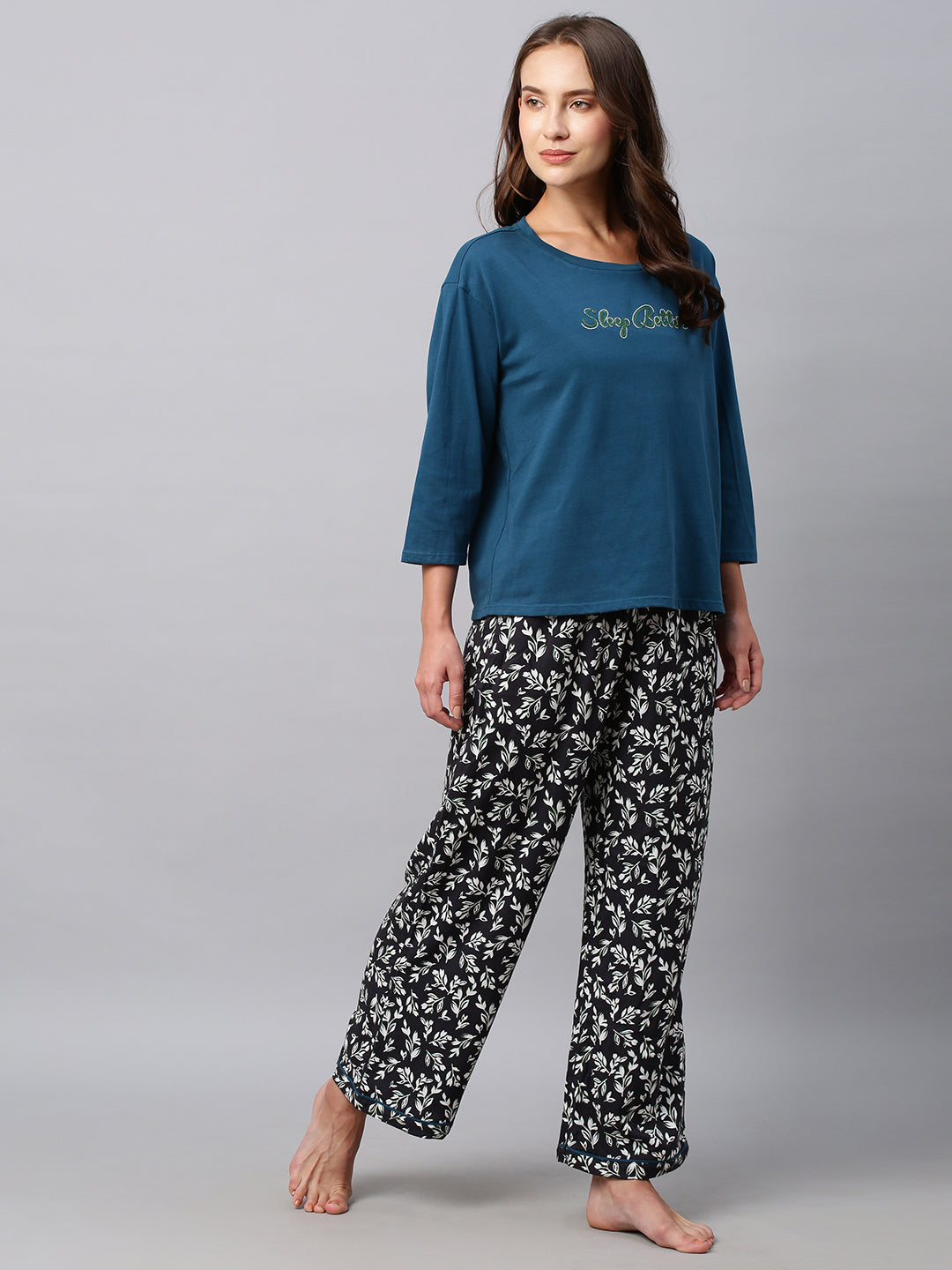 Embroidered Drop Shoulder Tee With  Printed Rayon Pj'S