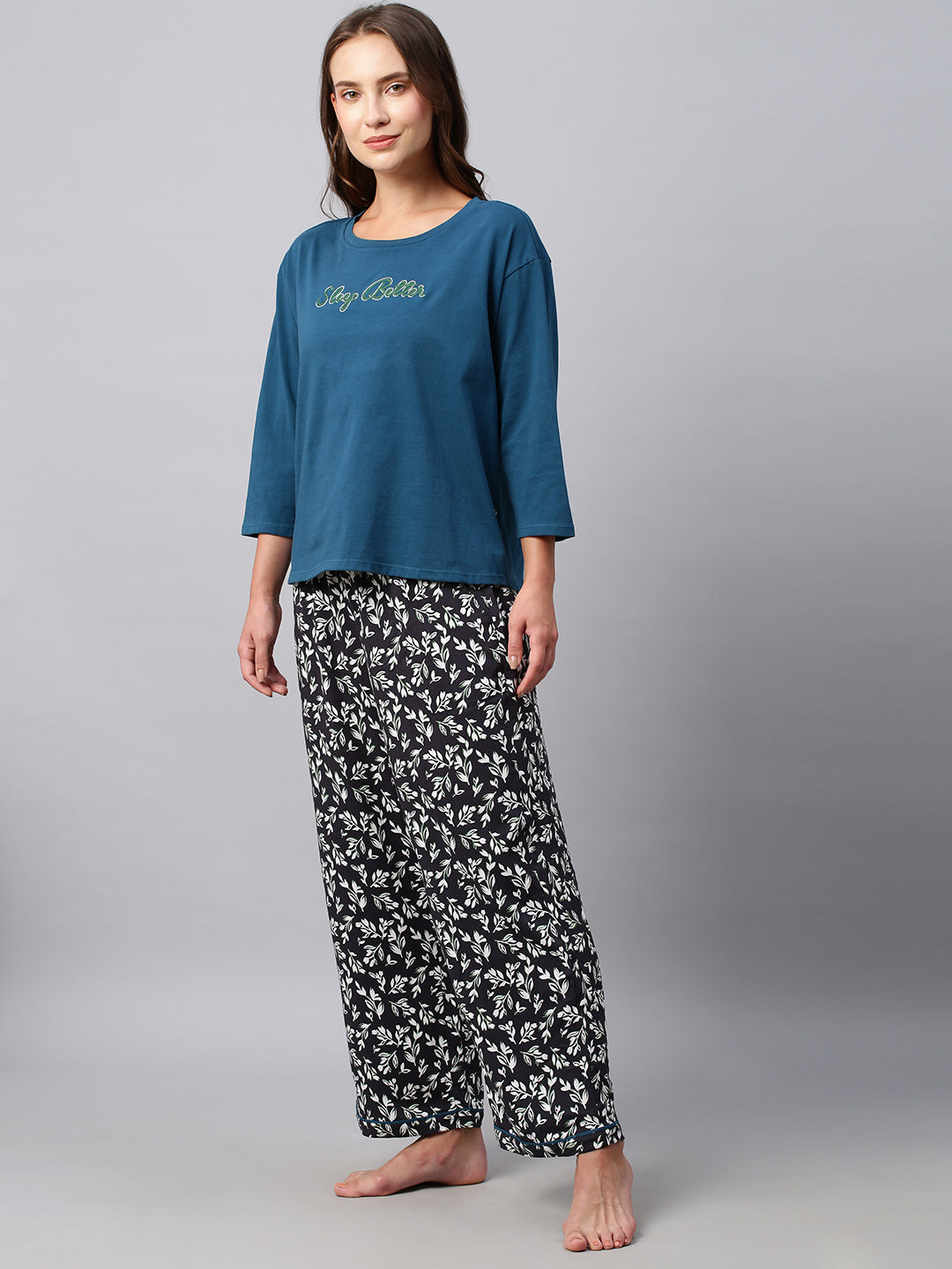 Embroidered Drop Shoulder Tee With  Printed Rayon Pj'S