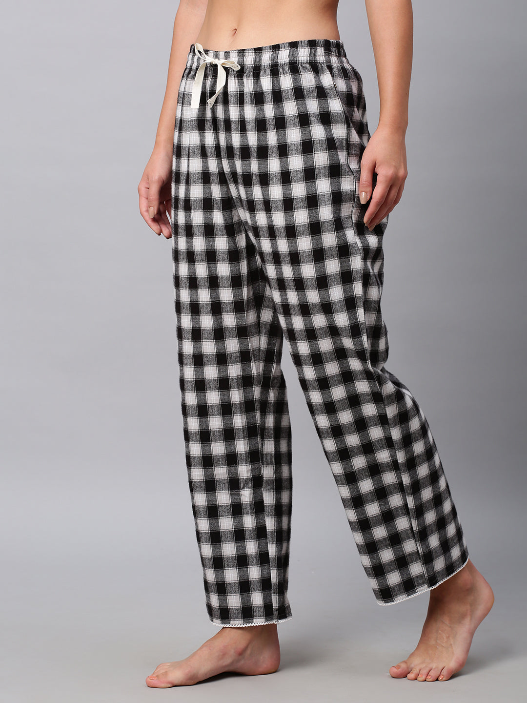 Plaid Lace Trimmed Cotton Drawstring Pj'S