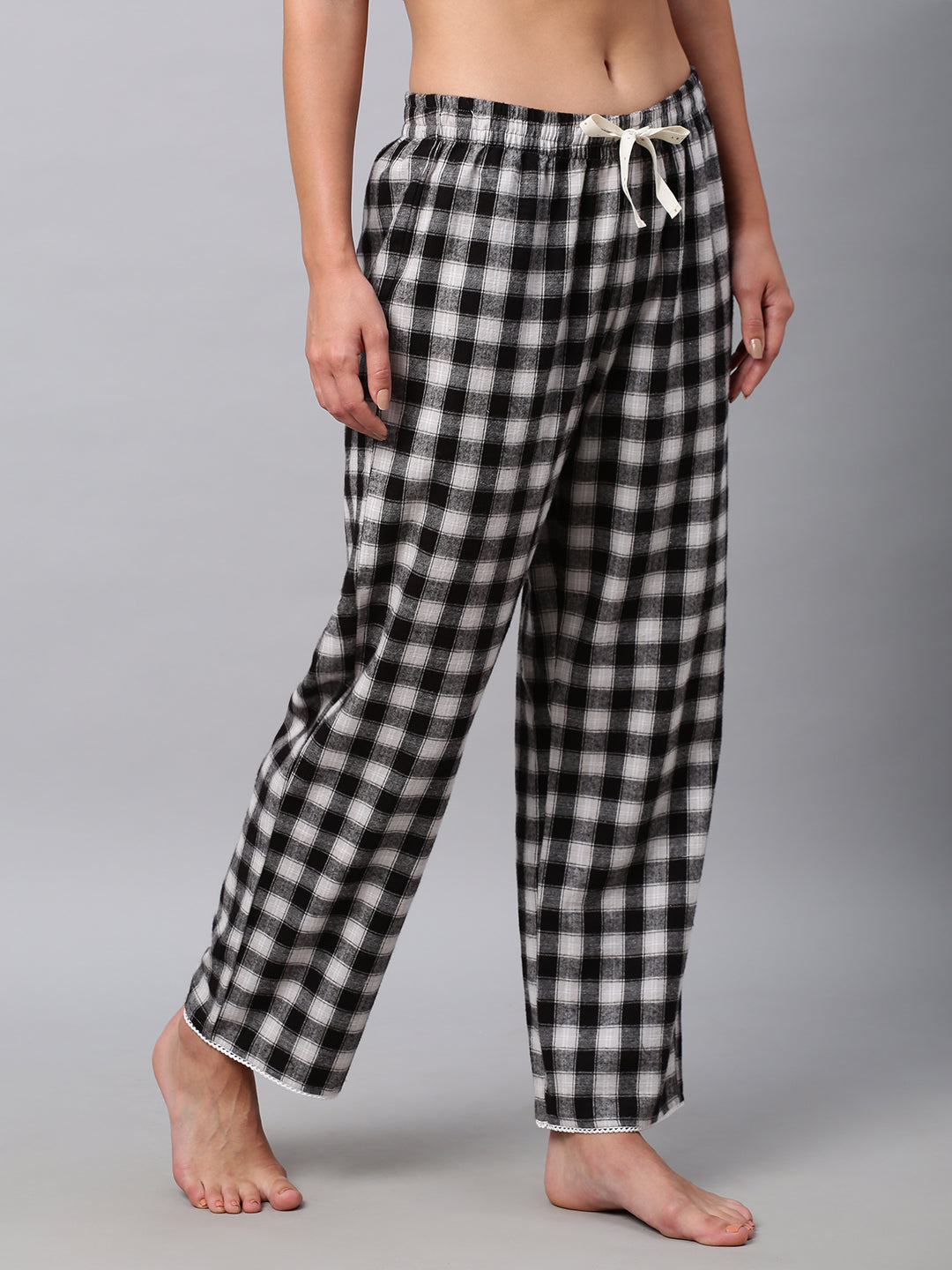 Plaid Lace Trimmed Cotton Drawstring Pj'S